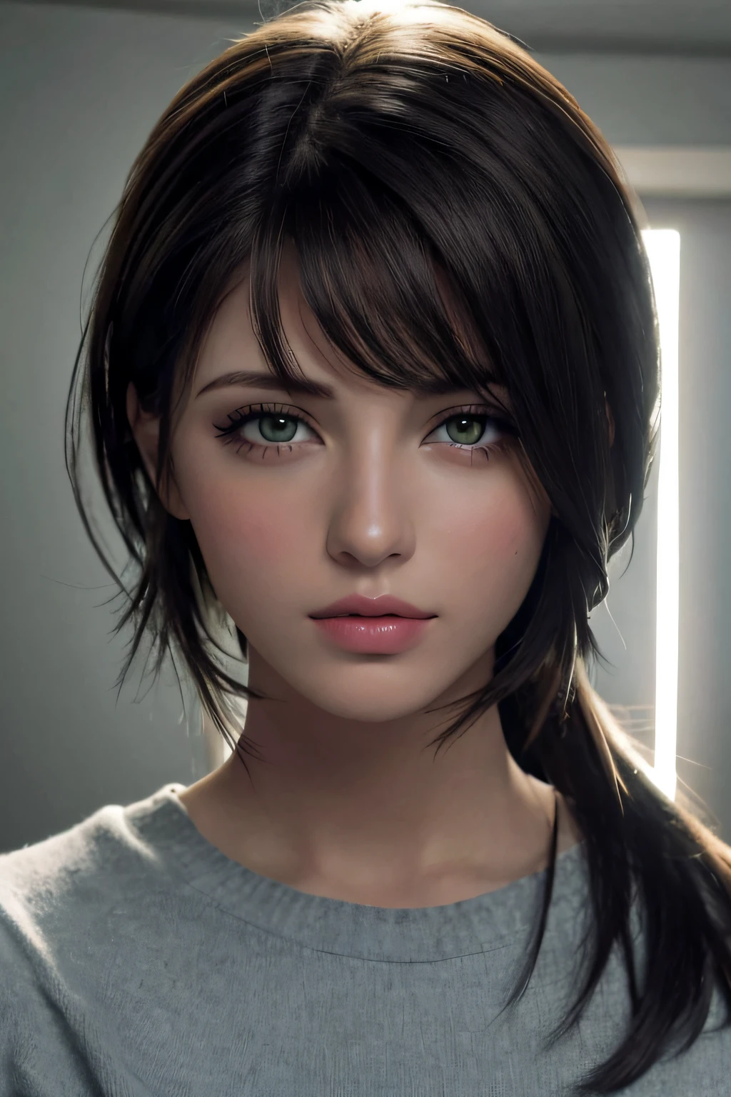 ojos verdes, pale-skin, cabello negro