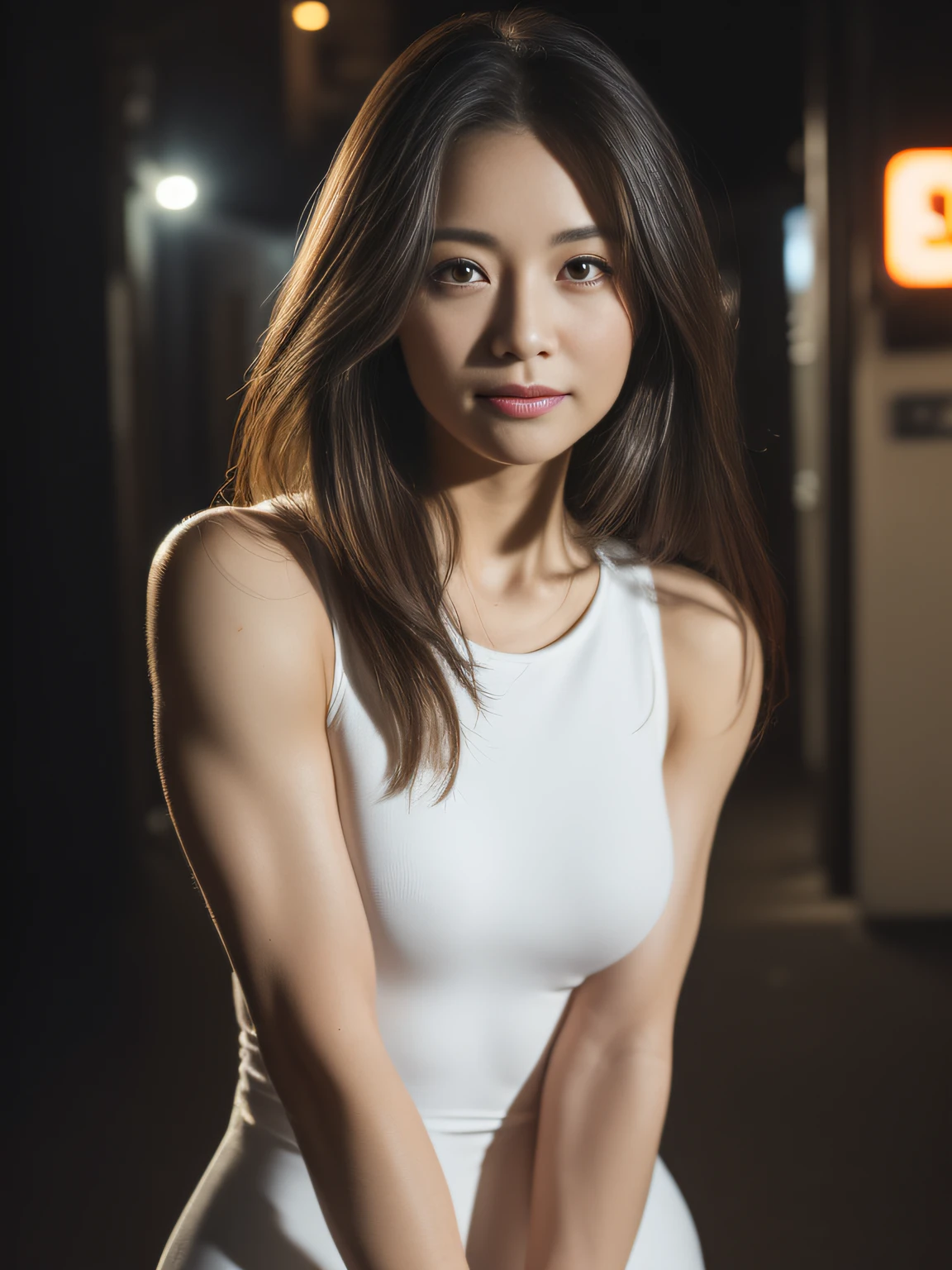 (Raw photo:1.2), (Photorealsitic:1.4), huge filesize, hight resolution, ighly detailed, top-quality, (masterpiece:1.6),(Hyper-realistic: 1.4), ighly detailed, nffsw, finely detail, top-quality, 8k wallpaper,People with Japan,((Girl with clear white skin)),((((59 years old))))、(((Full body shot:1.5)))、((Muscle Girl:1.4, Giant physique:1.3, thick neck:1.3, Thick and sculpted arms:1.4, thick and muscular leg:1.5))、((Disproportionately huge breasts:1.4)),((Lori face:1.2))、Narrow eyes, (Cute round face:1.9), Narrow eyes,((A smile))、((Straight hair、Longhaire、One-length cut))、((((black bodycon dress:1.3、耳环))))、((Stand at the end of a narrow alley in the middle of the night、A big city lined with neon-lit Western-style izakayas))、 (Realistic: 1.3), (Smooth lighting: 1.05), (Improved cinematic lighting: 0.9), Realistic lighting, Backlight, Face Light, raytrace, (Whitening light: 1.2), ( Top quality real skins: 1.4), (Body Line Mood Increase:1.1), (Skin Texture Enhancement Beauty:1.1),