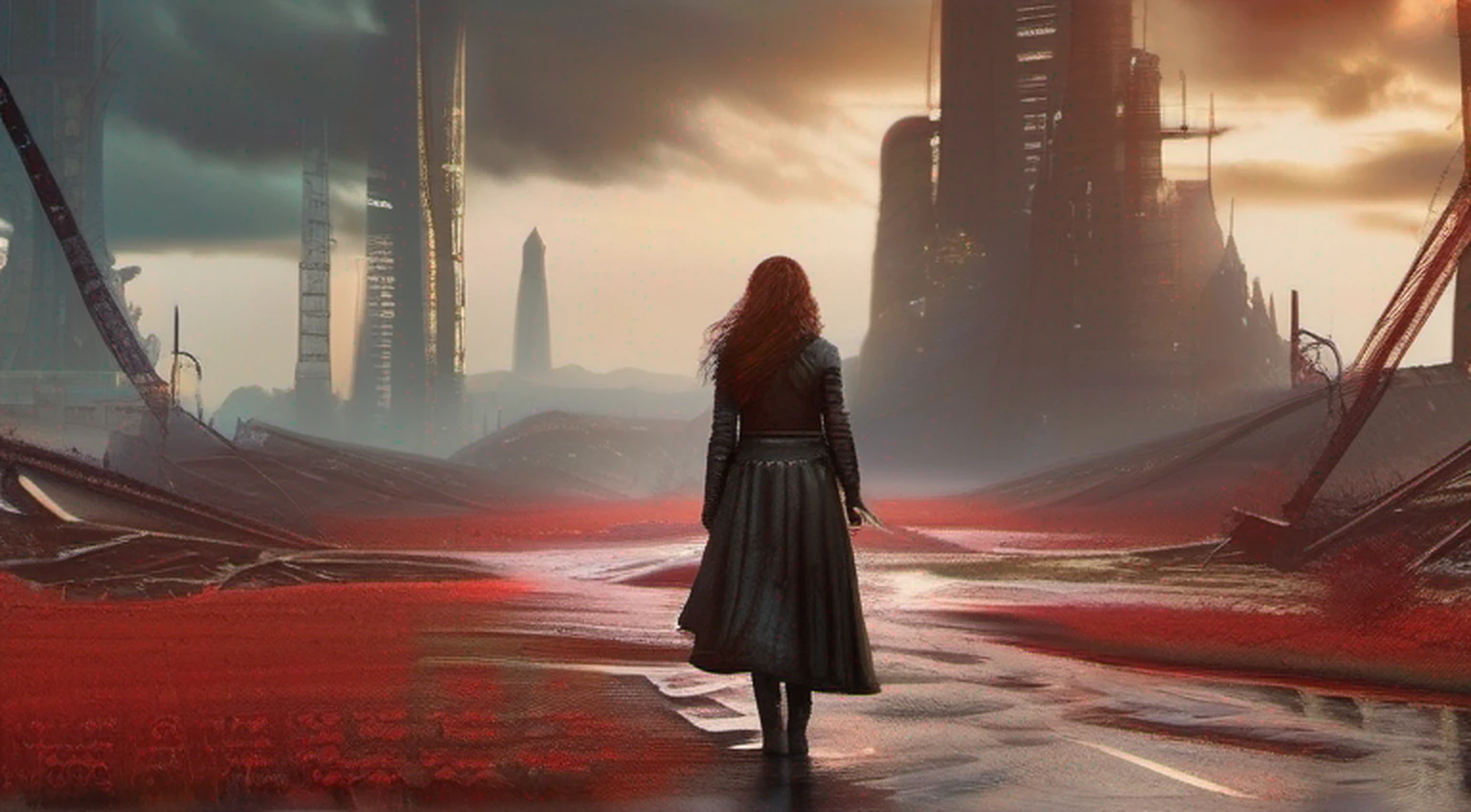 A woman in an apocalyptic scene, lutando bravamente, Roupas rasgadas, sangue, dramatic scene (Very high detail:1.4) 8k, perfeito, melhor qualidade, Melhor Obra de Arte