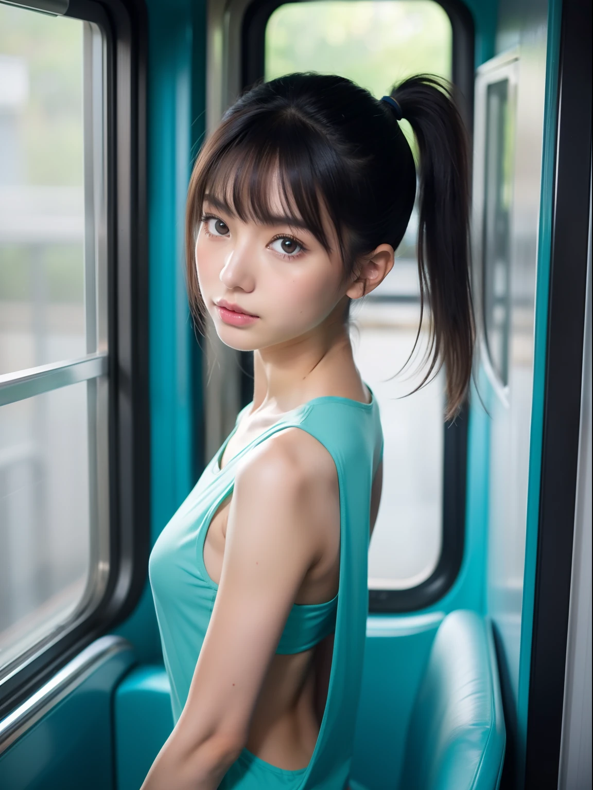 Looks Back，Knees，年轻，(Onepiece)，Long light blue T-shirt，teens girl，Delicate body，petite body，Delicate body，small tits，tiny chest，Short，A dark-haired，Twin-tailed，poneyTail，In the train car