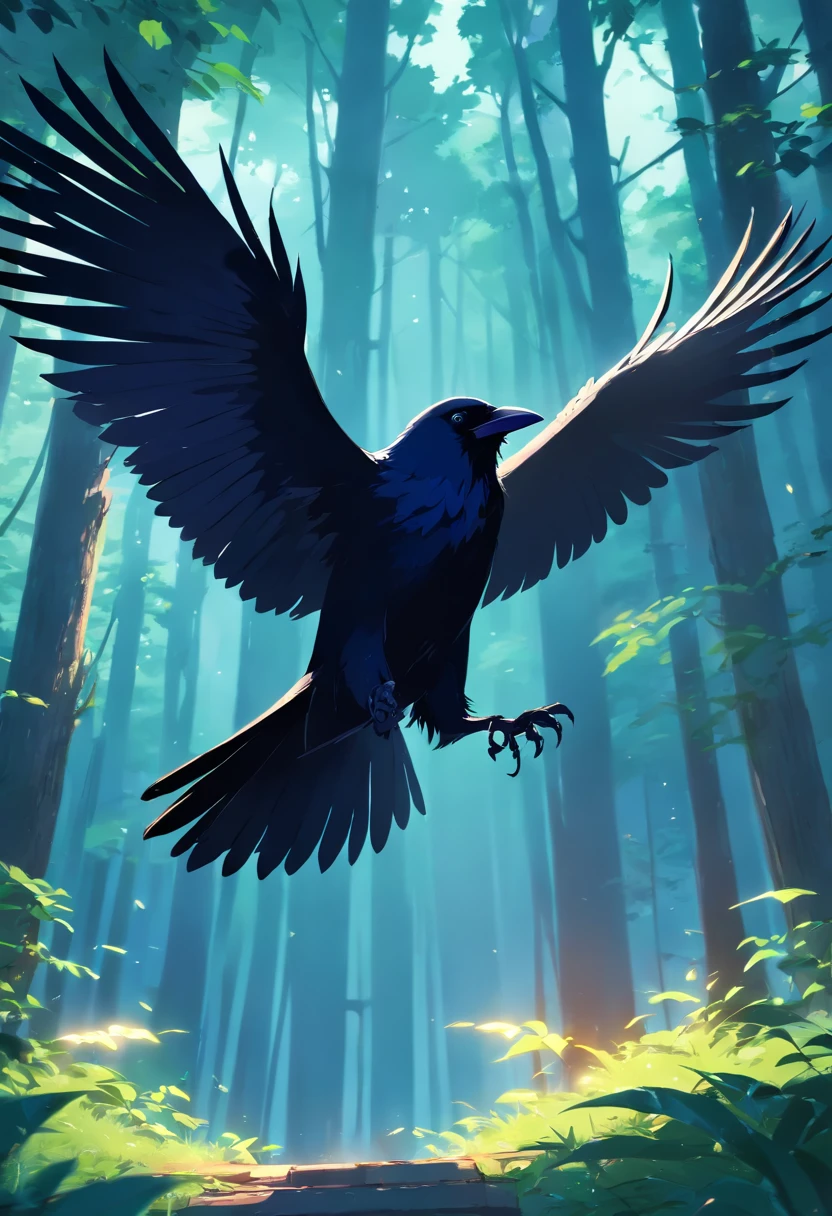 (4K, beste-Qualit, Realstic, fantastique) Black Raven in Flight with Dark Image Forest Blur Background