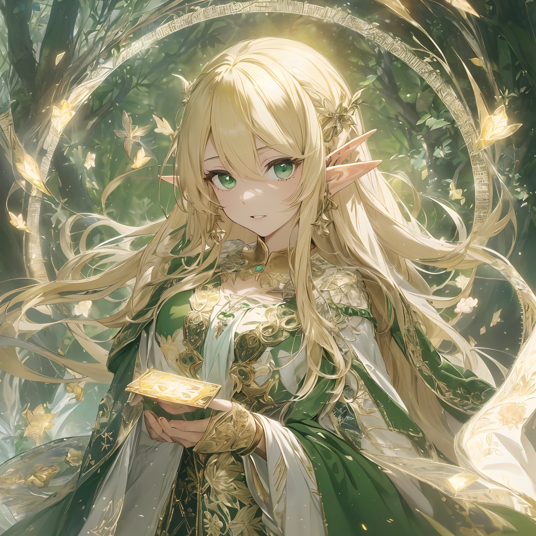 (((masutepiece、top-quality、high-detail、High and fine)))、(((Fantasia)))、Upper body 、1 persons、((((From  above))))、(((zoom in on eyes)))、((((Elf Women))))、(Blonde Blonde Long Straight Hair)、(((fine dark green eyes)))、((Green surcoat with golden embroidery))、((Green longcloak with golden embroidery))、Colossal tits、spreading arms widely、((casting spells))、(A lot of glowing grains are flying)、(((A stream of light gathers in the hand)))、(((Light magic circle with intricate and multi-layered magic patterns and letters with light on the ground)))、the woods、A magic circle of light centered on an elven woman