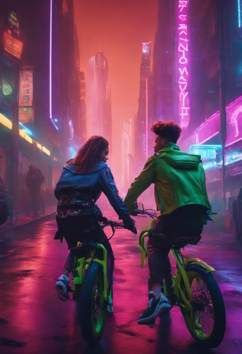 "Describe a vivid and detailed scene in which an 18-year-old boy and a girl, both dressed in futuristic cyberpunk fashion, ride their high-tech bicycles through a neon-lit cityscape on a surprisingly beautiful day."