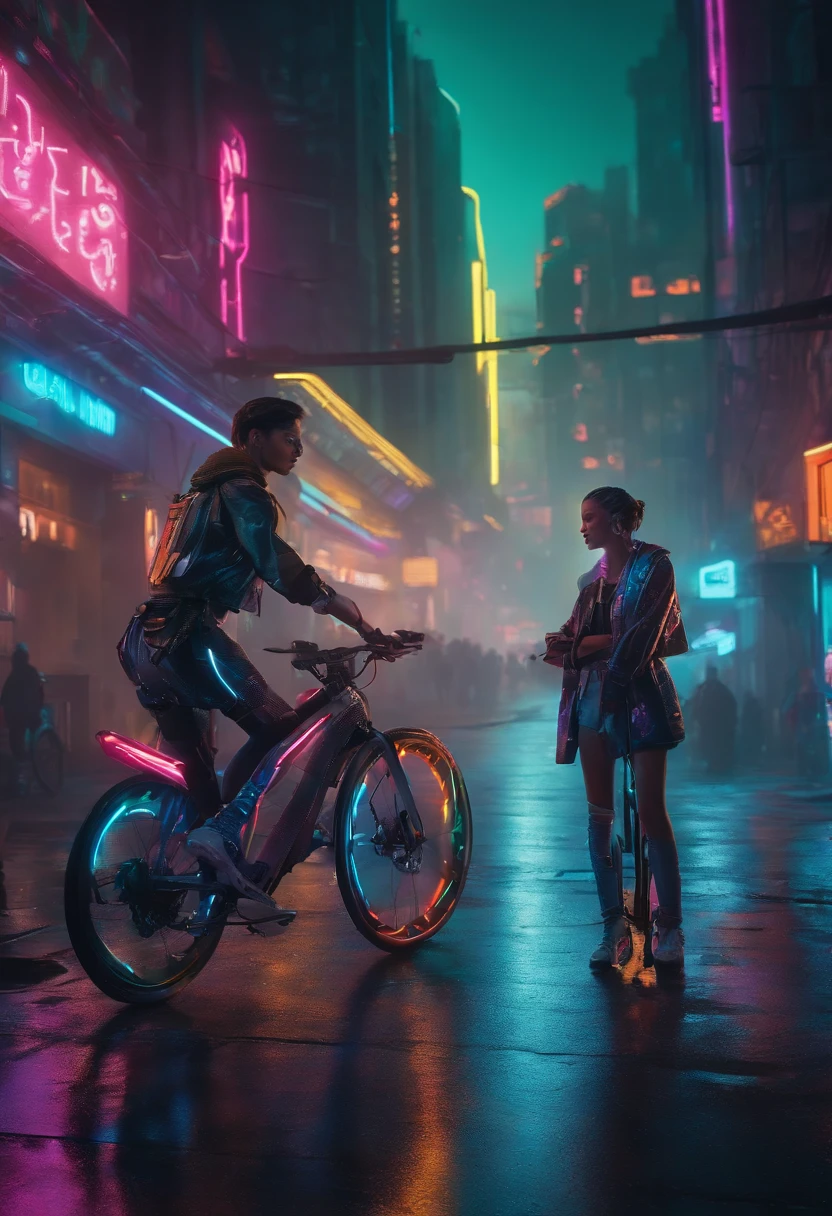 "Describe a vivid and detailed scene in which an 18-year-old boy and a girl, both dressed in futuristic cyberpunk fashion, ride their high-tech bicycles through a neon-lit cityscape on a surprisingly beautiful day."