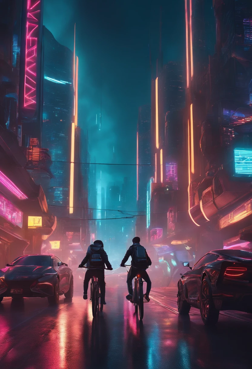 "Describe a vivid and detailed scene in which an 18-year-old boy and a girl, both dressed in futuristic cyberpunk fashion, ride their high-tech bicycles through a neon-lit cityscape on a surprisingly beautiful day."