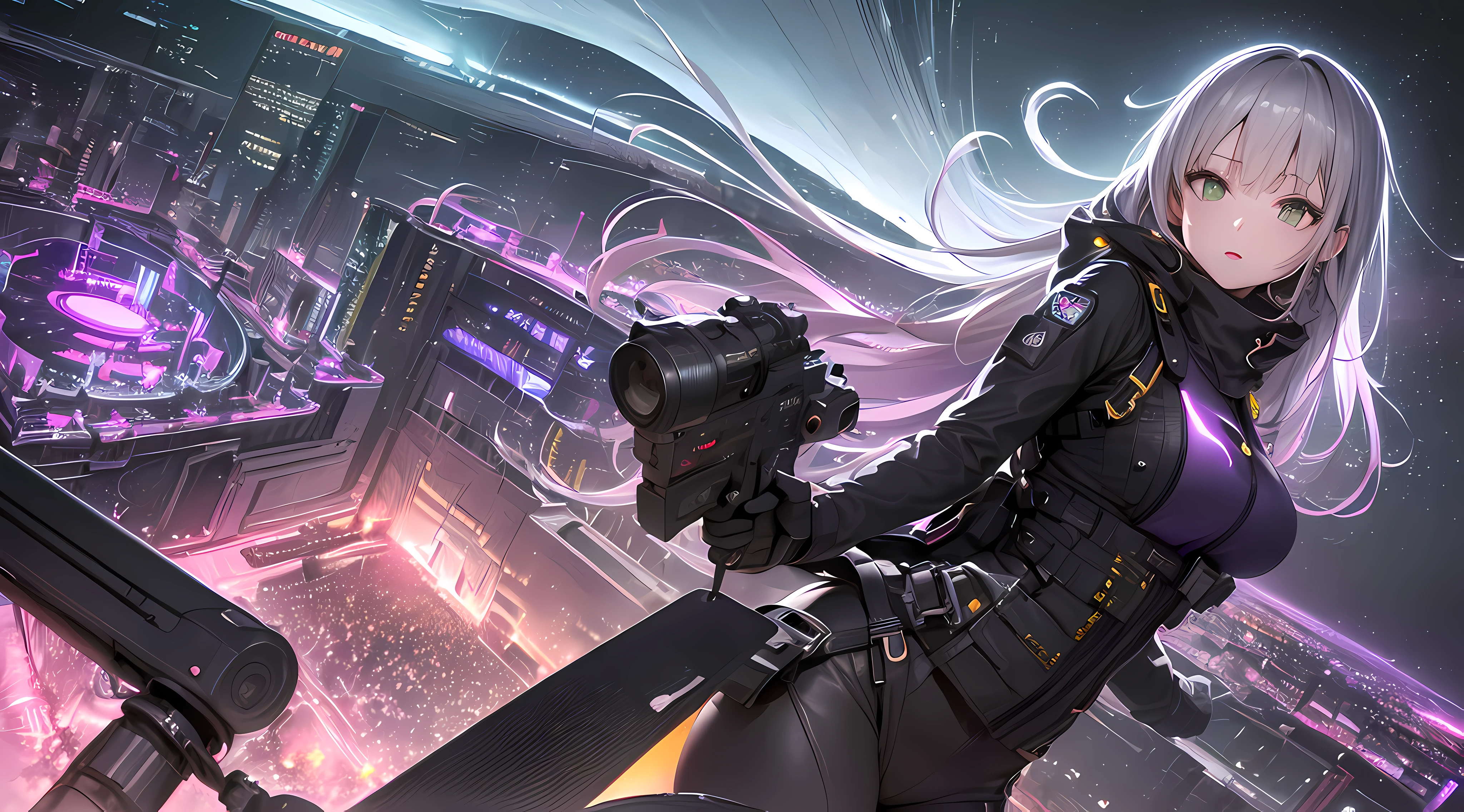 (((masterpiece))), (((best quality))), ((ultra-detailed)), (highly detailed CG illustration), ((an extremely delicate and beautiful)),A cyberpunk girl on a sky-flying motorbike, flying through the air., (long shot), Unreal engine, In space, looking at cyberpunk city, neon colors, cyberpunk space ships, ((grey hair)), (green eyes), dark night time, center composition, symmetrical composition, ((dark night:1.5)), dark neon, ((dark night:1.7)), extremely detailed, ((long shot)),((pitch black all around:1.7)), (dark puple:1.7),neon purple city