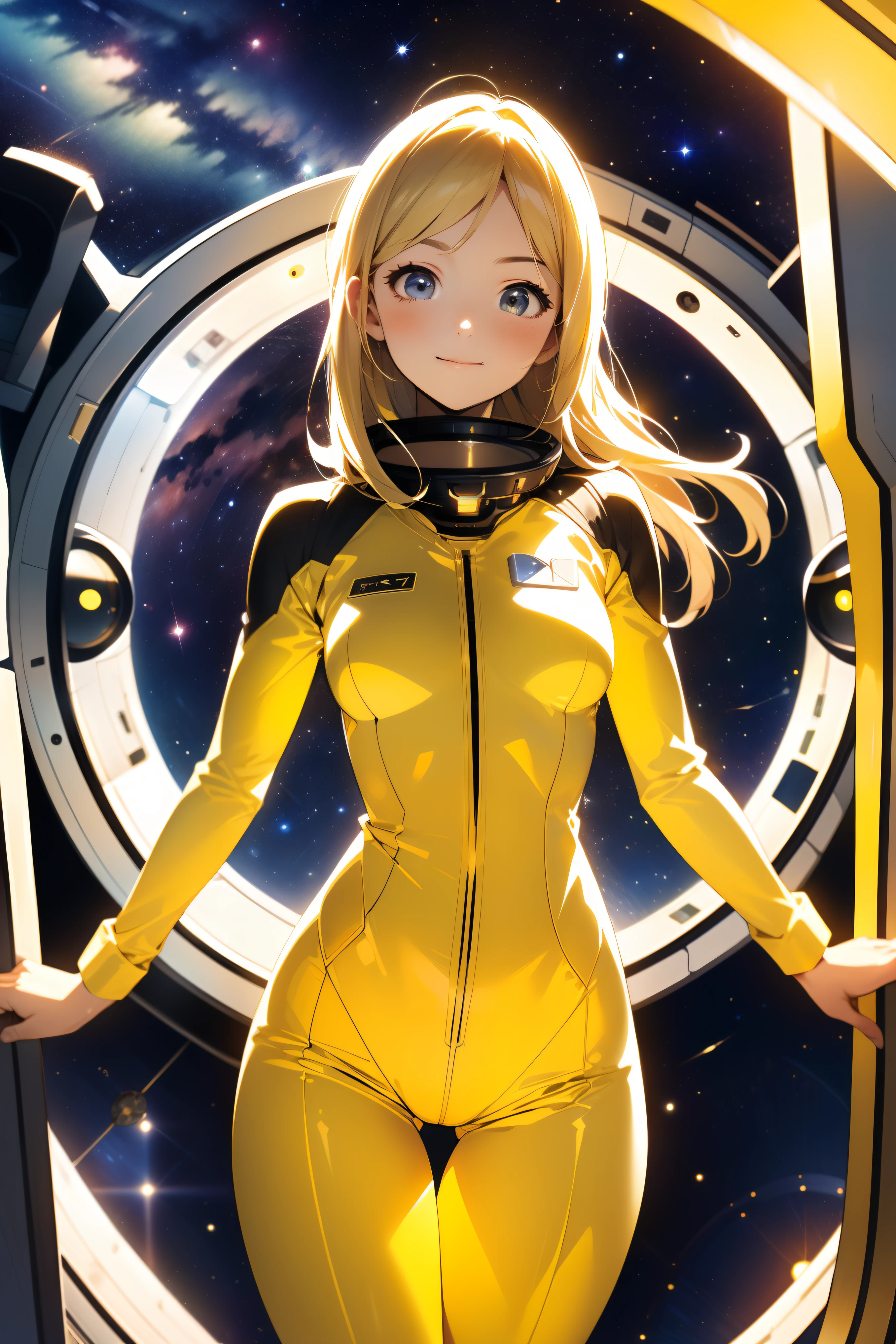 (masterpiece, best quality:1.2), (cowboy shot:1.1), solo, 1girl, mori yuki, slight smile, closed mouth, looking at viewer, blonde hair, thigh gap, yellow bodysuit, skin-tight, perfect body, belt, large window, (starship porthole:1.3), from front, (spread legs:1.3), (standing:1.1), thigh gap, perfect hands, bright starship interior, (outer space view:1.1), (orbital view:1.3), (night, stary sky:1.5), milky way