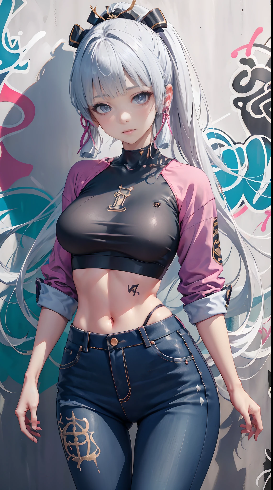 kamisato ayaka|genshin impact, master-piece, bestquality, 1girls,25 years old, proportional body, Big legs, Beautiful, proportional., crop top, Long Jeans, mediuml breasts, ,bara, crop top, choker, (Graffiti:1.5), Splash with purple lightning pattern., arm behind back, against wall, View viewers from the front., Thigh strap, Head tilt, bored,(NSTDA.:1.2), (10, beste-Qualit, master-piece: 1.4), Beautiful red hair, ultra-high resolution, (lifelike, photorealistic portrait: 1.48), (Looking Through Crop Tops.), Famous Japanese actors, beautiful clear eyes, Head tilt, cowboy shot, from the front, looking at the audience, expressionless, Beautiful lake, Zeiss 150mm F/ 2.8 Hasselblad, Whole body, foot, Ultra-Wide Angle,