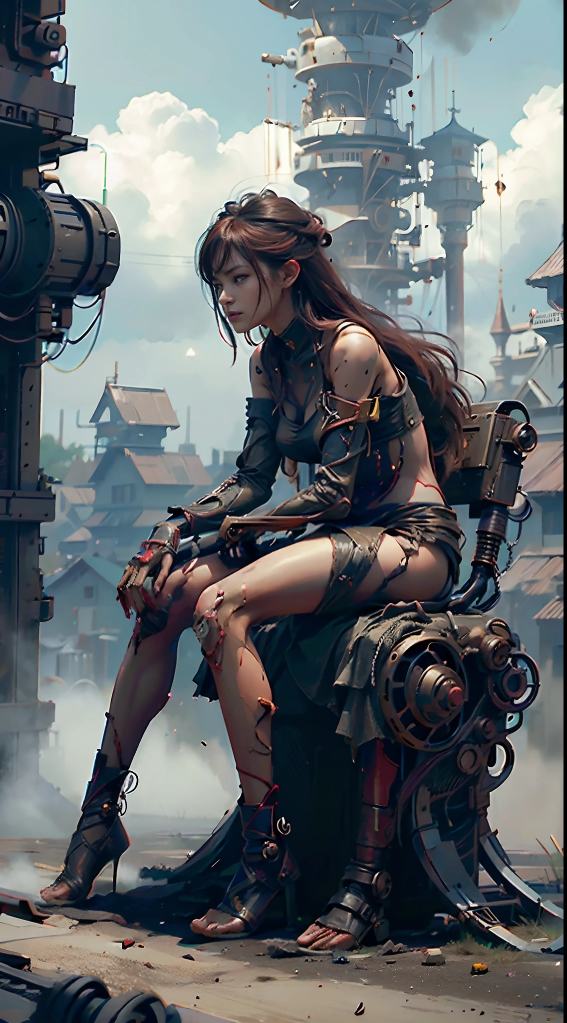 (Best Quality,4K,High resolution), 18yo woman, Red mesh hair on black hair, Long hair, Straight hair, , Comical appearance，facing the front there，android，Artificial human，droid，mechs，Mechanical parts，Mechanical body，Representation of the human body，Repair yourself，damaged body，Realistic behavior，service，Human body and skin，Expression of regenerated realistic skin texture，Human skin regeneration，reanimation，femele，Cool Woman，long，Red-black mesh hair，sharp eye，Cold eyes，irate，glares，Injury，distressed look，Full body close-up，Crudely seated figure，Disrepaired Lab，Warehouse background，Delicate depiction drawn down to the smallest detail，Torn clothes with decoration，Disheveled clothes，Realistic portrayal，Vibrant colors，Battle expression，