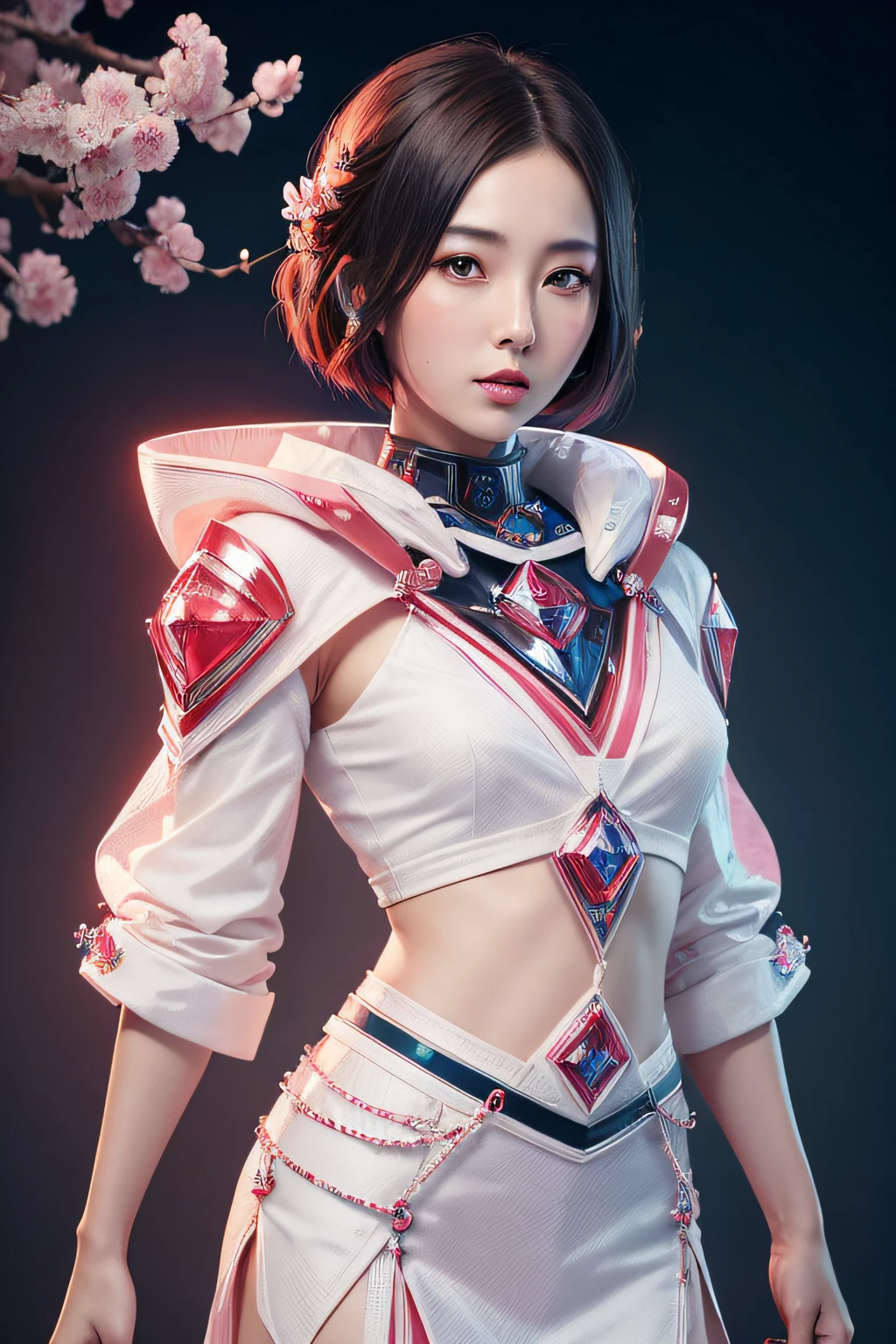 beautiful japanese young woman, wearing hazmat suit  made of diamond and sapphire, thick symmetrical features, very short hair, background is cherry blossoms, pink aura, red lips, octane render,