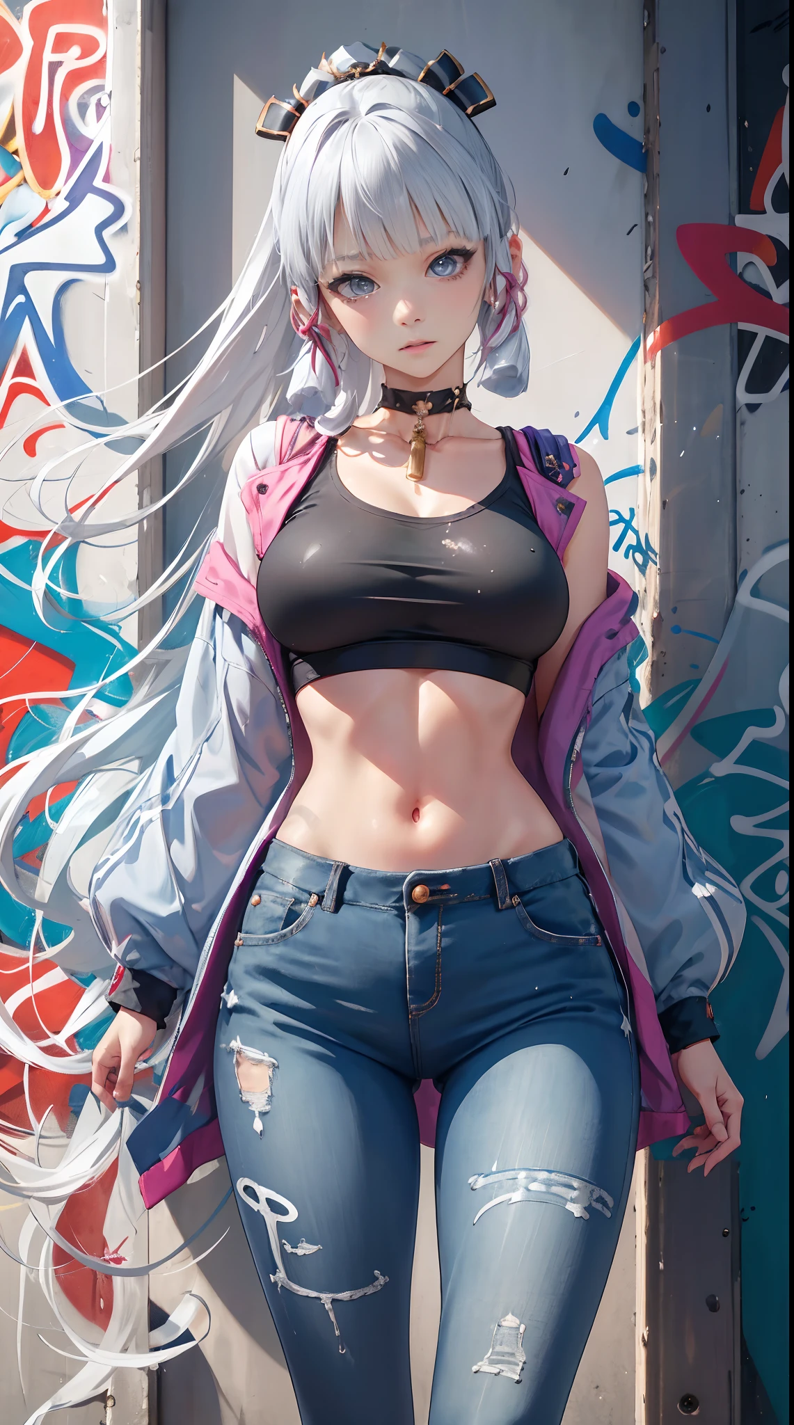 kamisato ayaka|genshin impact, master-piece, bestquality, 1girls,25 years old, proportional body, Big legs, Beautiful, proportional., crop top, Long Jeans, mediuml breasts, ,bara, crop top, choker, (Graffiti:1.5), Splash with purple lightning pattern., arm behind back, against wall, View viewers from the front., Thigh strap, Head tilt, bored,(NSTDA.:1.2), (10, beste-Qualit, master-piece: 1.4), Beautiful red hair, ultra-high resolution, (lifelike, photorealistic portrait: 1.48), (Looking Through Crop Tops.), Famous Japanese actors, beautiful clear eyes, Head tilt, cowboy shot, from the front, looking at the audience, expressionless, Beautiful lake, Zeiss 150mm F/ 2.8 Hasselblad, Whole body, foot, Ultra-Wide Angle,