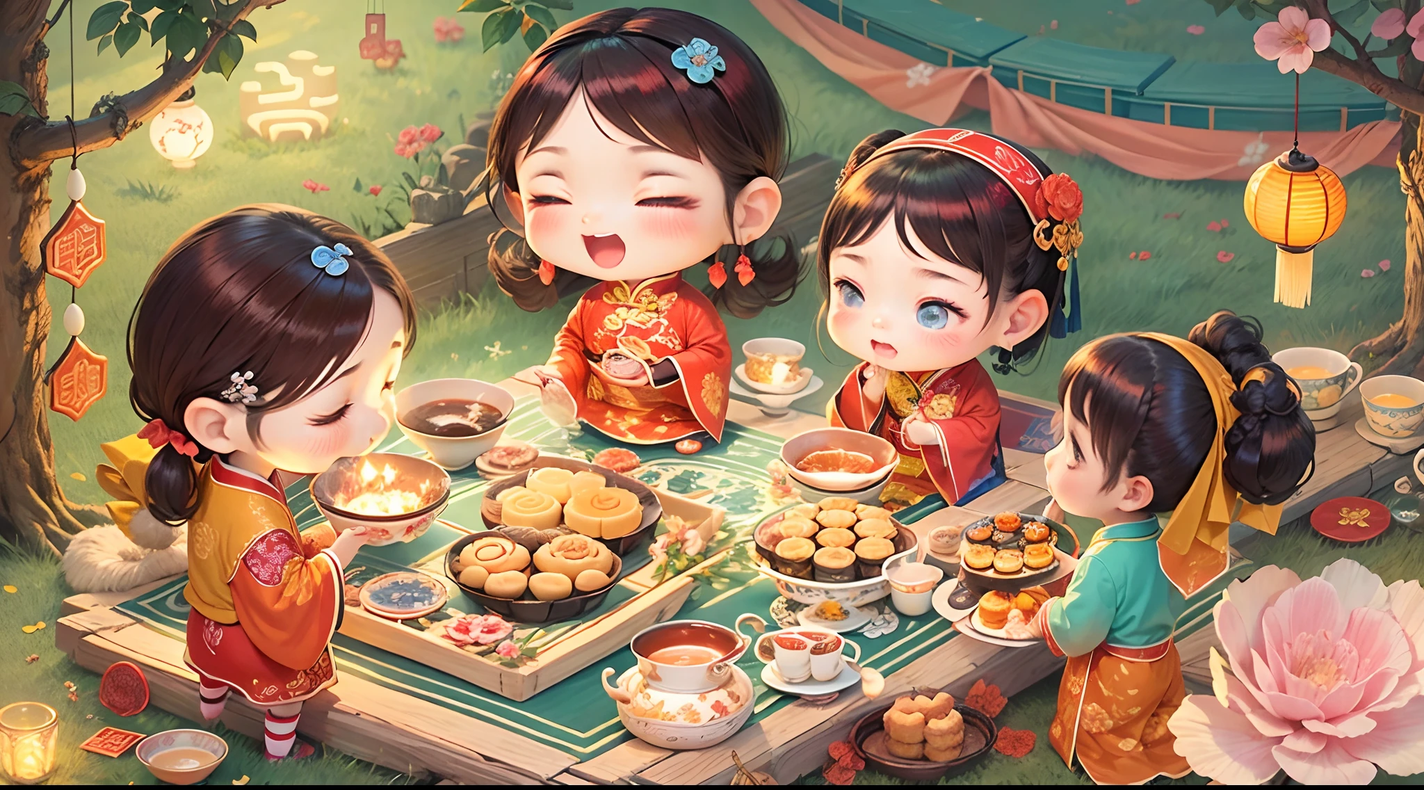 Have a picnic in the moonlight,Fun family gathering,Bonding moments,Delicious mooncakes,Bright full moon,glistening stars,Beautiful garden,colorful flower,Decorate mooncake boxes,Peaceful and relaxing atmosphere,(Chubby Full Moon),Traditional Chinese jewelry,Traditional Chinese costumes,Share stories and memories,Happy kids playing games,Decorate tea sets and cups,Traditional Chinese pottery and porcelain,Admire the beauty of nature,Soft twinkling candlelight,Round and golden mooncakes,Cheers and toasts,Playful lanterns,Colorful Chinese knots,dynamic and lively atmosphere,A wide variety of mooncakes,Traditional Chinese music plays softly in the background,Peaceful and harmonious atmosphere
