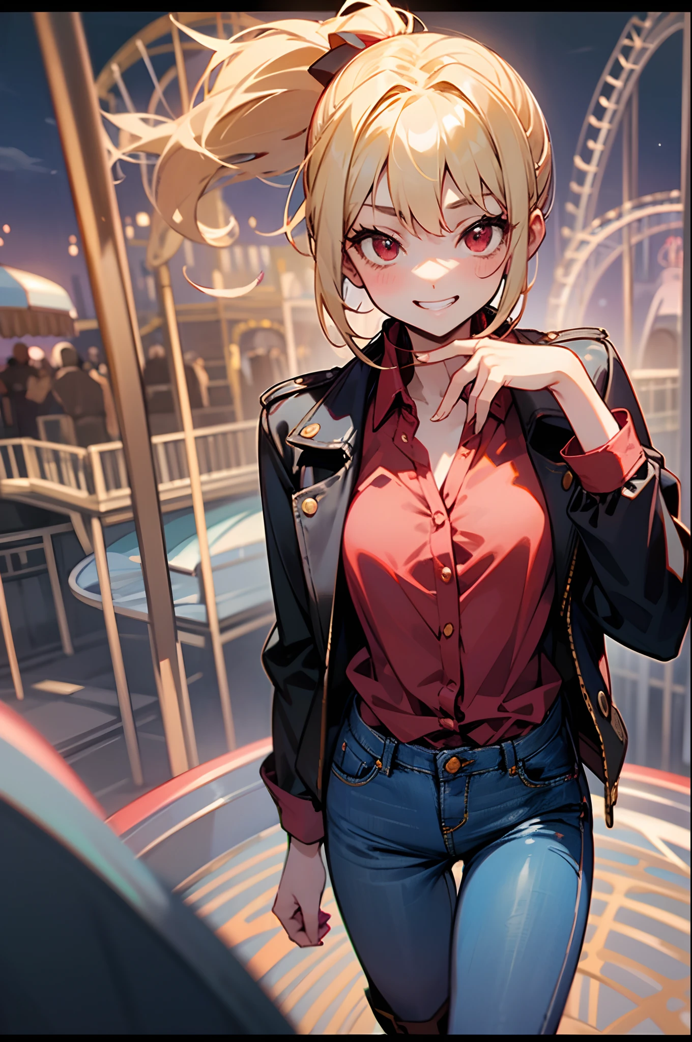 Beautuful Women、 Young handsome girl, small tits, Blonde Hair Ponytail、Red Eyes:1.2, Sexy Girl, professional attire:1.3, 18 years old: 1.1, Detailed Red Riders Jacket:1.2、Blue collar shirt, Skinny denim pants:1.2, Leather boots, Beautiful detailed skin, Cute:1.2, drooping eyes:1.2, cheeky grin, Floating hair, Gray background, Solo Focus, (bustshot:1.2), Cinematic Light, (Nostalgic night view:1.4), (amusement park:1.4), (merry-go-round、the Ferris wheel、rollercoaster),Looking at Viewer:1.2