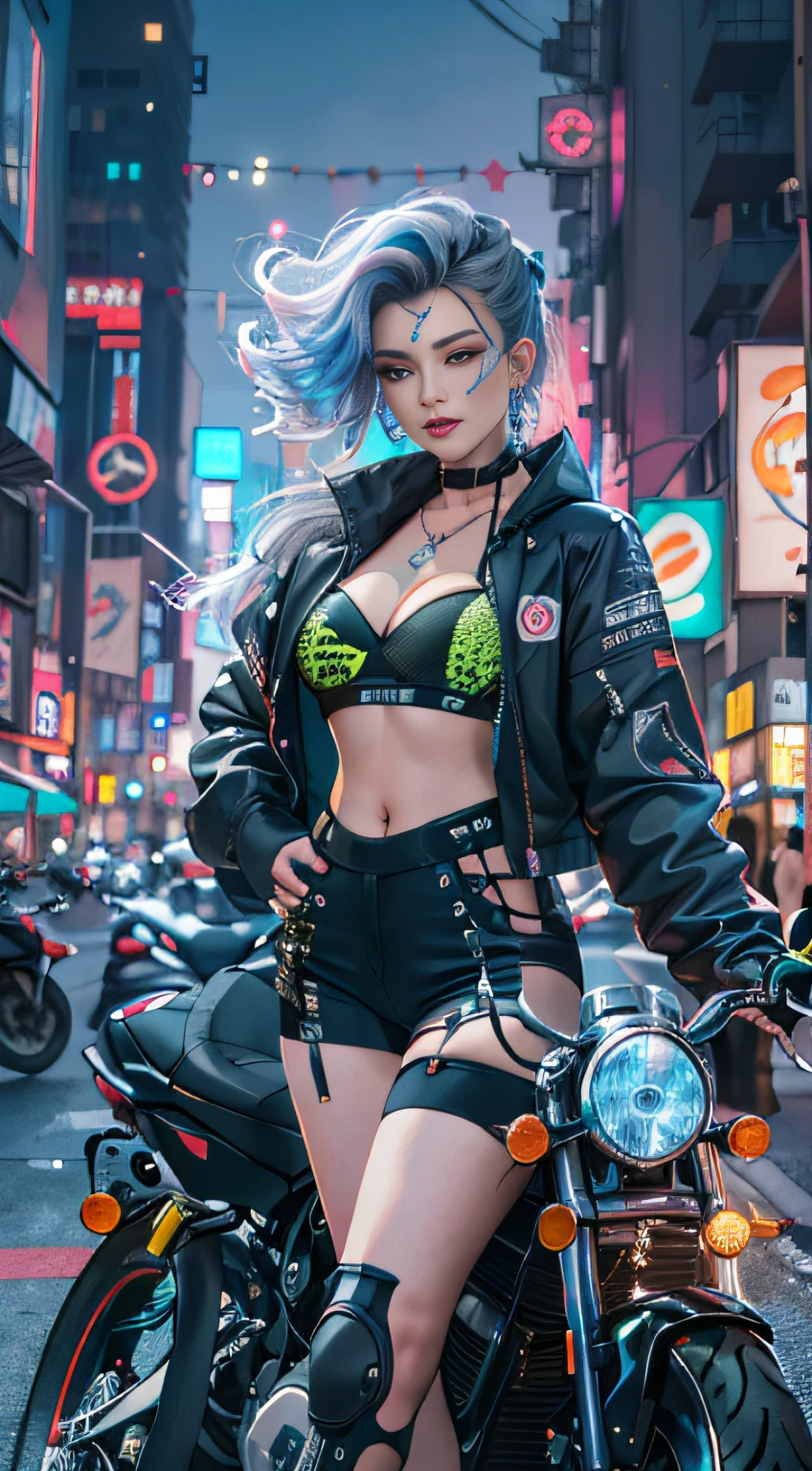 Masterpiece, Best quality, Confident cyberpunk girl, Full body shot, ((Stand in front of the motorcycle)), Popular costumes in Harajuku style, Bold colors and patterns, Eye-catching accessories, Trendy and innovative hairstyle, Vibrant makeup, Cyberpunk's dazzling cityscape, skyscrapper, Neon signs, LED lights, Bright and vivid color scheme, anime big breast, illustration, Detailed skin texture, Detailed cloth texture, Beautiful detailed face, Intricate details, Ultra detailed.