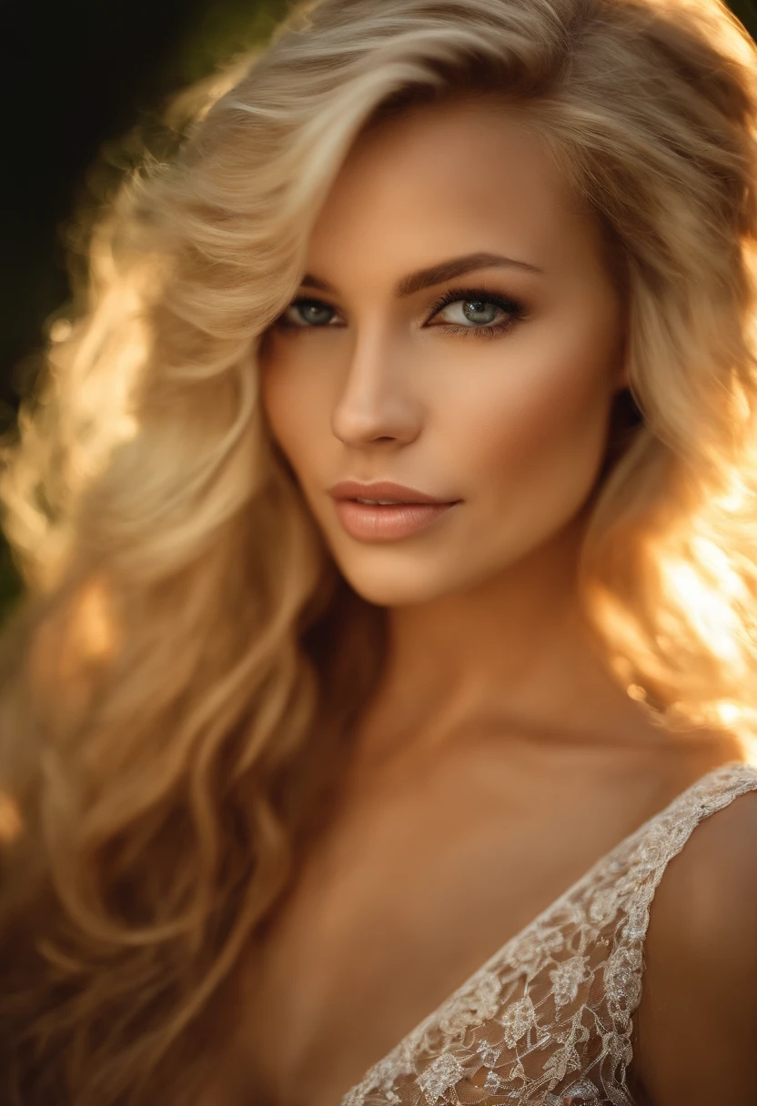 portrait, une jolie femme de 25 ans, regarde le spectateur, blonde cheveux long, yeux vert
