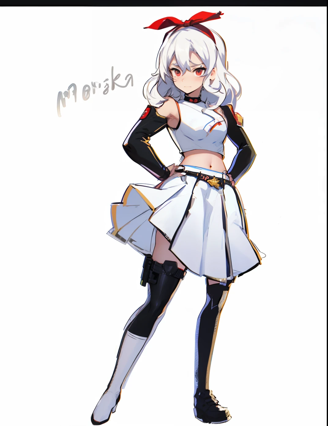 Close-up of a woman, ((character concept art)), ((character design sheet, same character, front, side, back)) character art of maple story, video game character design, video game character design, maple story gun girl, anime style, 1 girl, full body, modern, long hair, white hair, idol, white crop top with nosleeves, red eyes, black chocker, red bow on top, wavy hair, sadistic expression, white shirt, white background, character sheet, fashionable, looking to viewer expert high detail concept art