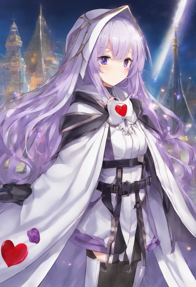 Menina looks like a tall and slender girl. She has fair skin and light purple hair, that hang on her shoulders, And purple eyes. Dressed in typical Sternritter clothes: White Uniform, which consists of a cloak with a hood and a white Vandenreich symbol around her neck, and a long overcoat, gloves, knee-high boots, Gaiters, Belt with buckle in the shape of a heart, white purple onion, a white cap with a black visor and Vandenreich insignia on it.