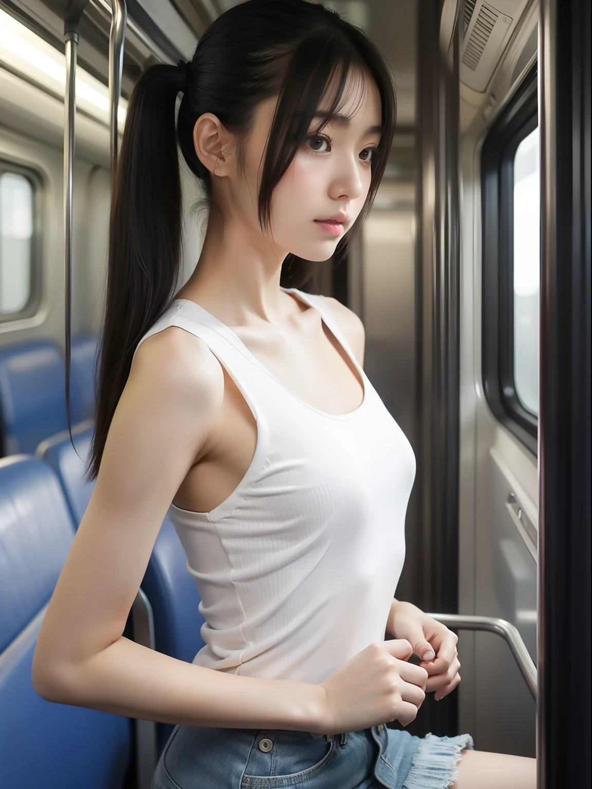 ((Best quality, 8k, Masterpiece: 1.3)), Sharp focus: 1.2, (1 AESPA girl: 1.3), beautiful face girl with cellphone, cute face, age 24, small breasts, flat chest, brunette short messy hair, or ponytail, sitting, spread legs, white shirt, camisole, skirt, airport, terminal, station, something drinking, sunlight, kindness, cinematic lighting, (8k, masterpiece, best quality, raw photo)