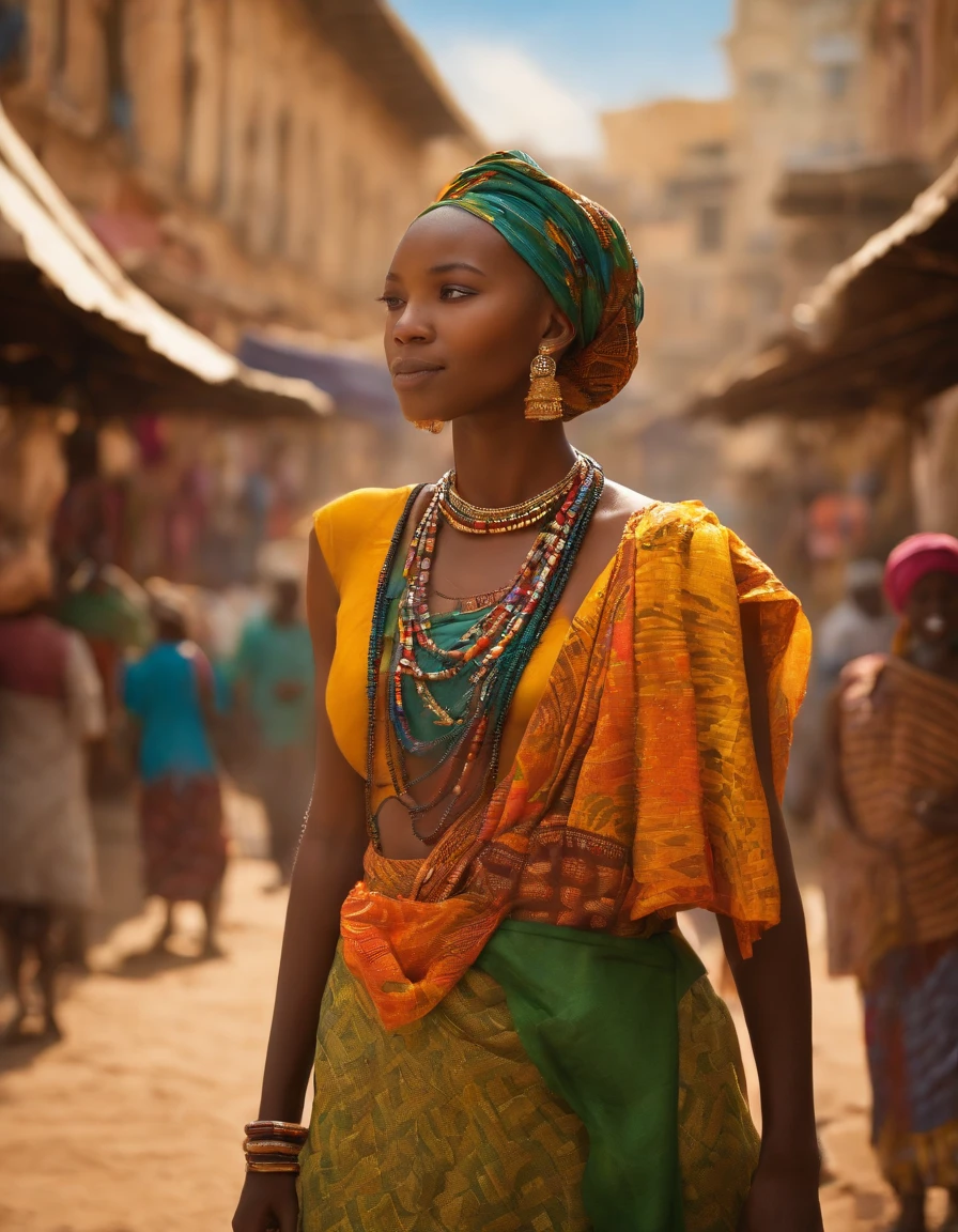 (photorealistic) A beautiful African girl with striking features and a confident gaze, dressed in colorful traditional attire, standing in the vibrant streets of a Beninese city. The medium is a hyper-realistic oil painting, capturing every detail of her flawless skin and intricate hair braids. The scene is bathed in warm sunlight, creating a pleasant golden hue. Surrounding her are bustling market stalls selling exotic fruits and vibrant fabrics, adding a vivid backdrop to the composition. The painting is of the highest quality, with ultra-detailed brushwork showcasing the richness of the textures and materials. The overall atmosphere exudes a sense of joy and liveliness, with the city coming alive through the artist's skillful use of perspective and lighting.