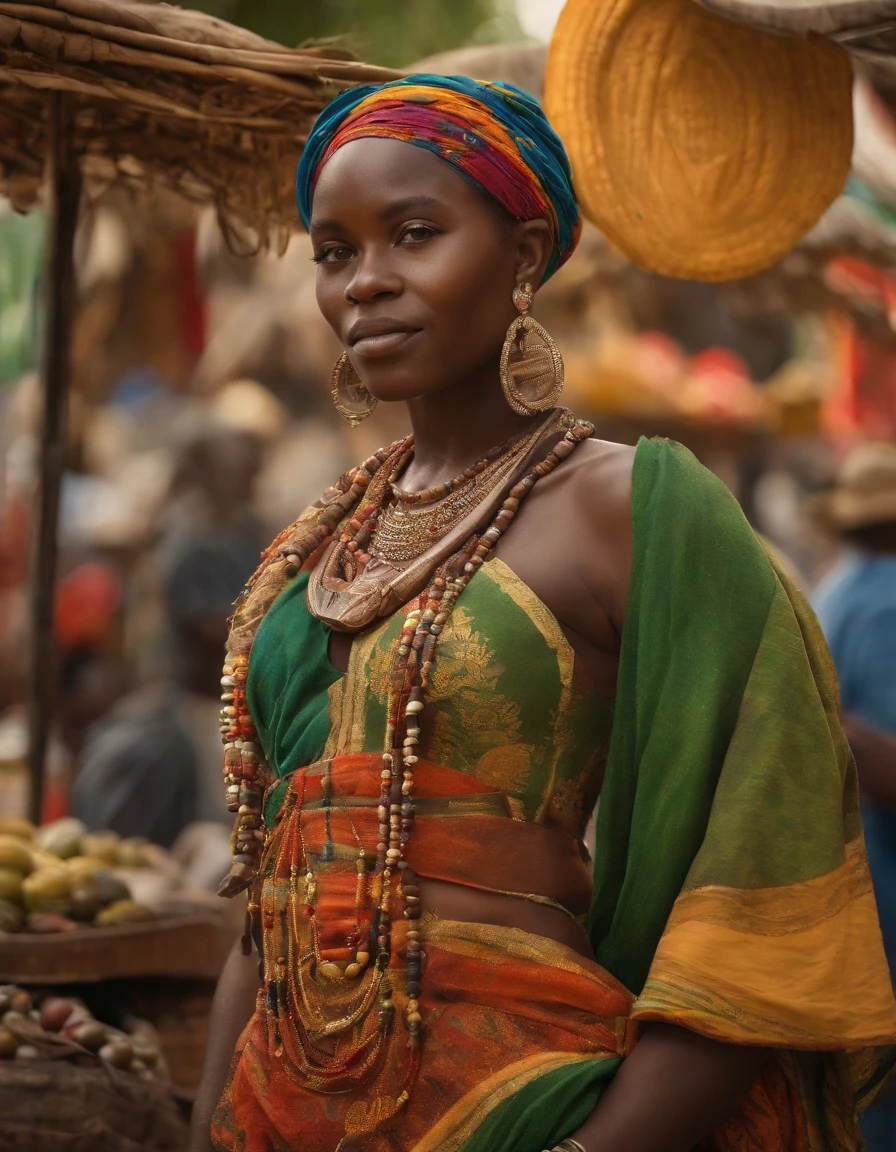 (photorealistic) A beautiful African girl with striking features and a confident gaze, dressed in colorful traditional attire, standing in the vibrant streets of a Beninese city. The medium is a hyper-realistic oil painting, capturing every detail of her flawless skin and intricate hair braids. The scene is bathed in warm sunlight, creating a pleasant golden hue. Surrounding her are bustling market stalls selling exotic fruits and vibrant fabrics, adding a vivid backdrop to the composition. The painting is of the highest quality, with ultra-detailed brushwork showcasing the richness of the textures and materials. The overall atmosphere exudes a sense of joy and liveliness, with the city coming alive through the artist's skillful use of perspective and lighting.