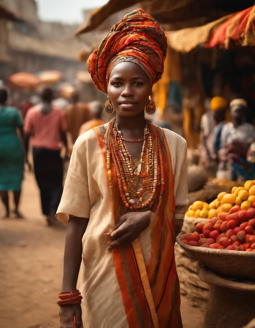 (photorealistic) A beautiful African girl with striking features and a confident gaze, dressed in colorful traditional attire, standing in the vibrant streets of a Beninese city. The medium is a hyper-realistic oil painting, capturing every detail of her flawless skin and intricate hair braids. The scene is bathed in warm sunlight, creating a pleasant golden hue. Surrounding her are bustling market stalls selling exotic fruits and vibrant fabrics, adding a vivid backdrop to the composition. The painting is of the highest quality, with ultra-detailed brushwork showcasing the richness of the textures and materials. The overall atmosphere exudes a sense of joy and liveliness, with the city coming alive through the artist's skillful use of perspective and lighting.