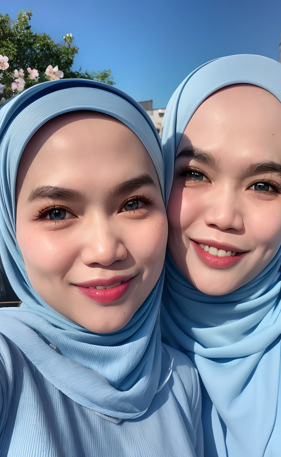 Masterpiece:1.2, high quality, best quality, high resolution, detailed, hyper realistic, 1 malay girl in hijab, blue eyes, head tilt, sunset, birds flying, cherry blossom, Portrait, closed eyes, smile, showing teeth, (detailed face), ((sharp focus)), ((face)), upper_body