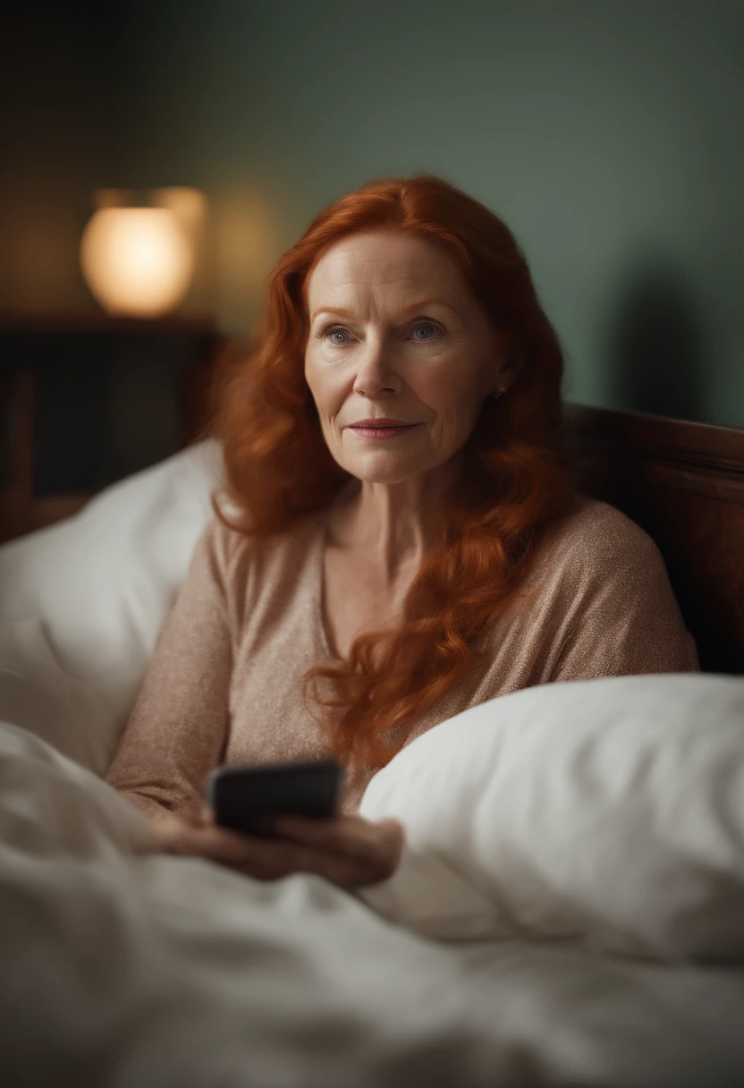 A ginger woman, quite elderly, with a silly expression, a large red face, lying in bed, engrossed in her phone, with a photorealistic rendering. (best quality,ultra-detailed,realistic:1.37),soft lighting,vibrant colors,warm tones,cozy atmosphere,vivid details,saturation,portrait