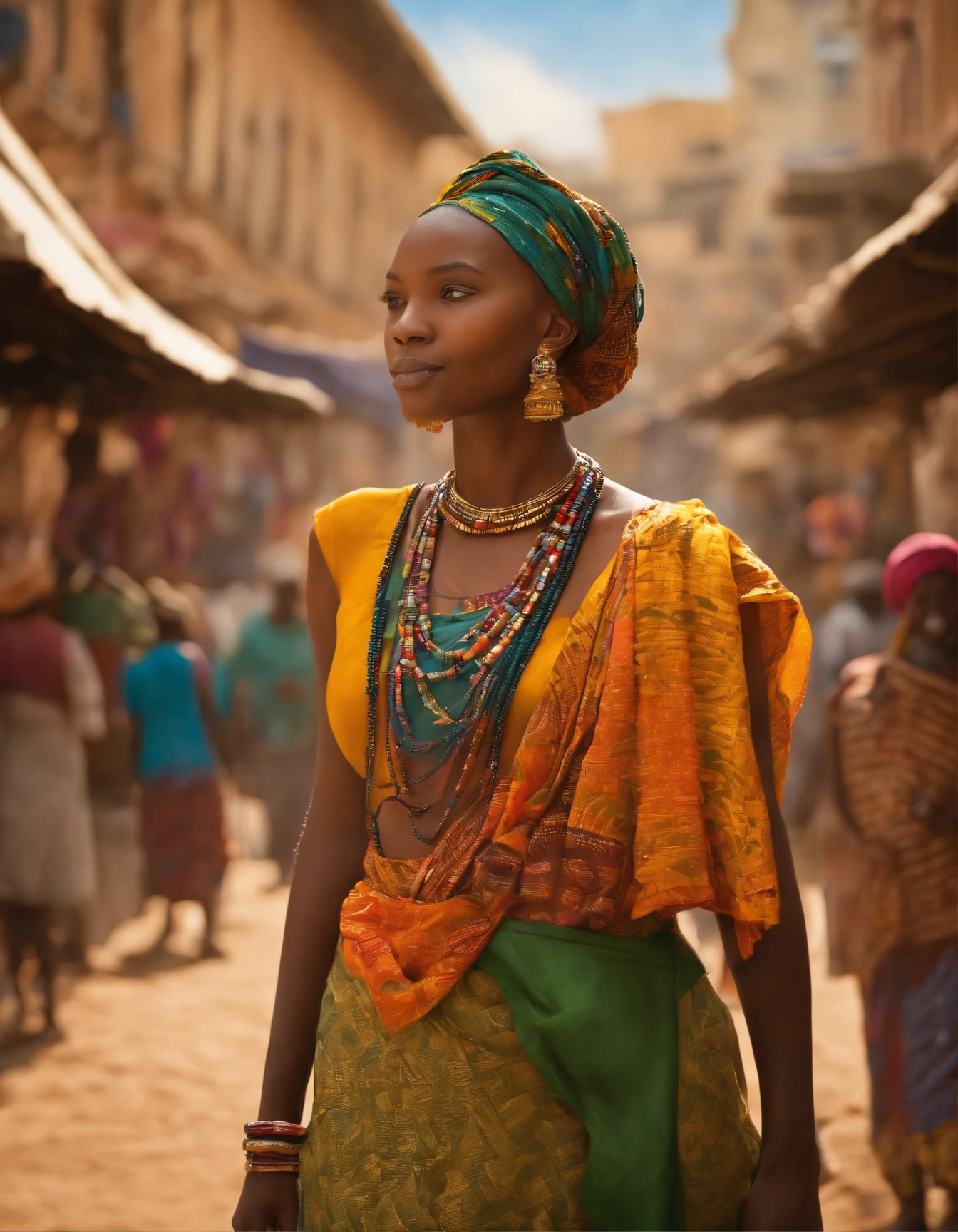 (photorealistic) A beautiful African girl with striking features and a confident gaze, dressed in colorful traditional attire, standing in the vibrant streets of a Beninese city. The medium is a hyper-realistic oil painting, capturing every detail of her flawless skin and intricate hair braids. The scene is bathed in warm sunlight, creating a pleasant golden hue. Surrounding her are bustling market stalls selling exotic fruits and vibrant fabrics, adding a vivid backdrop to the composition. The painting is of the highest quality, with ultra-detailed brushwork showcasing the richness of the textures and materials. The overall atmosphere exudes a sense of joy and liveliness, with the city coming alive through the artist's skillful use of perspective and lighting.