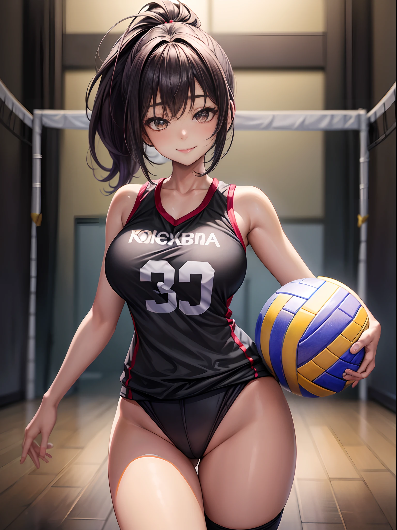 top-quality、Full limbs、complete fingers、one beautiful women、Beautiful Large Breasts、Medium hair、poneyTail、A dark-haired、(Black Volleyball Uniforms:1.3)、Black bloomers、Natural Color Lip、Bold sexy poses、Smile、20 years girl、Sexy shot looking at camera、Gymnasium、Volleyball Court、Attack Volleyball