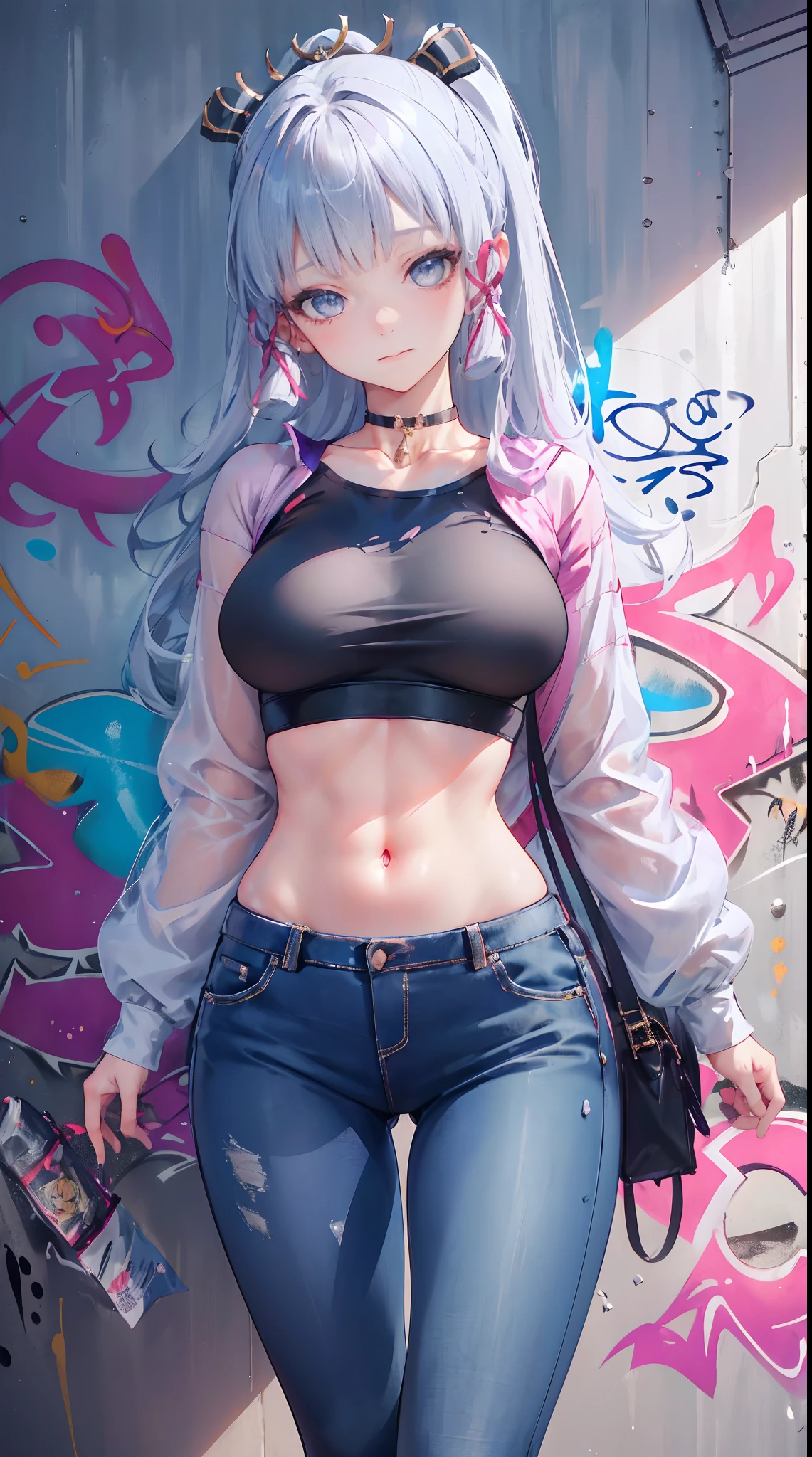 kamisato ayaka|genshin impact, master-piece, bestquality, 1girls,25 years old, proportional body, Big legs, Beautiful, proportional., crop top, Long Jeans, mediuml breasts, ,bara, crop top, choker, (Graffiti:1.5), Splash with purple lightning pattern., arm behind back, against wall, View viewers from the front., Thigh strap, Head tilt, bored,(NSTDA.:1.2), (10, beste-Qualit, master-piece: 1.4), Beautiful red hair, ultra-high resolution, (lifelike, photorealistic portrait: 1.48), (Looking Through Crop Tops.), Famous Japanese actors, beautiful clear eyes, Head tilt, cowboy shot, from the front, looking at the audience, expressionless, Beautiful lake, Zeiss 150mm F/ 2.8 Hasselblad, Whole body, foot, Ultra-Wide Angle,