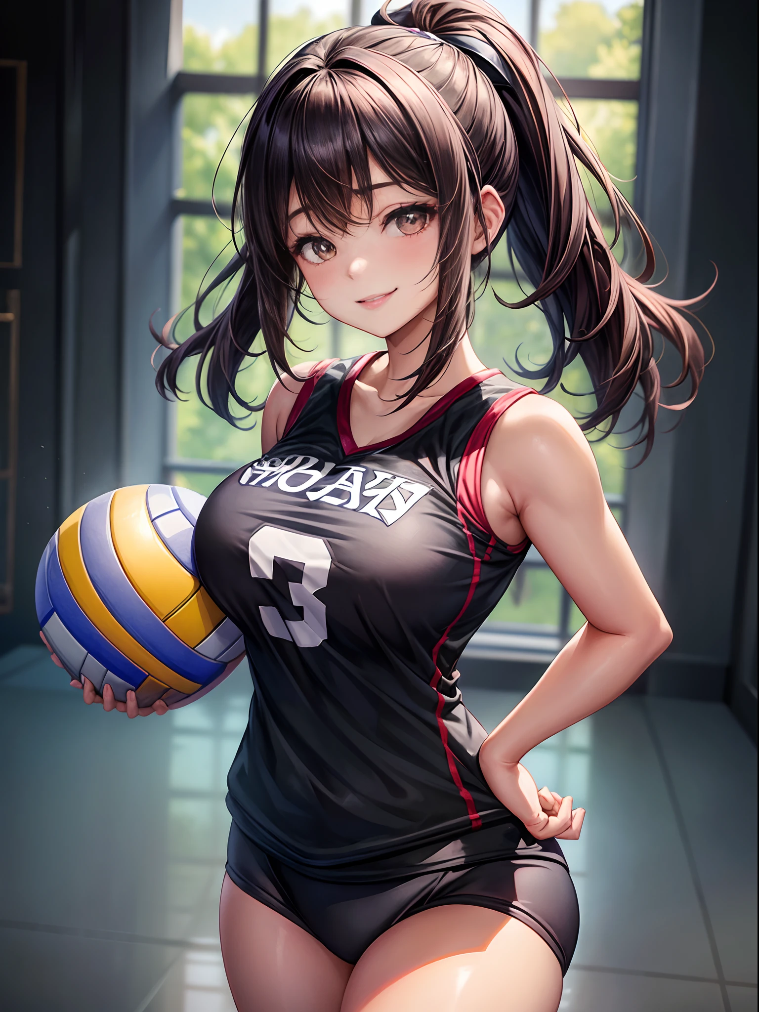 top-quality、Full limbs、complete fingers、one beautiful women、Beautiful Large Breasts、Medium hair、poneyTail、A dark-haired、(Black Volleyball Uniforms:1.3)、Black bloomers、Natural Color Lip、Bold sexy poses、Smile、20 years girl、Sexy shot looking at camera、Gymnasium、Volleyball Court、Stretch