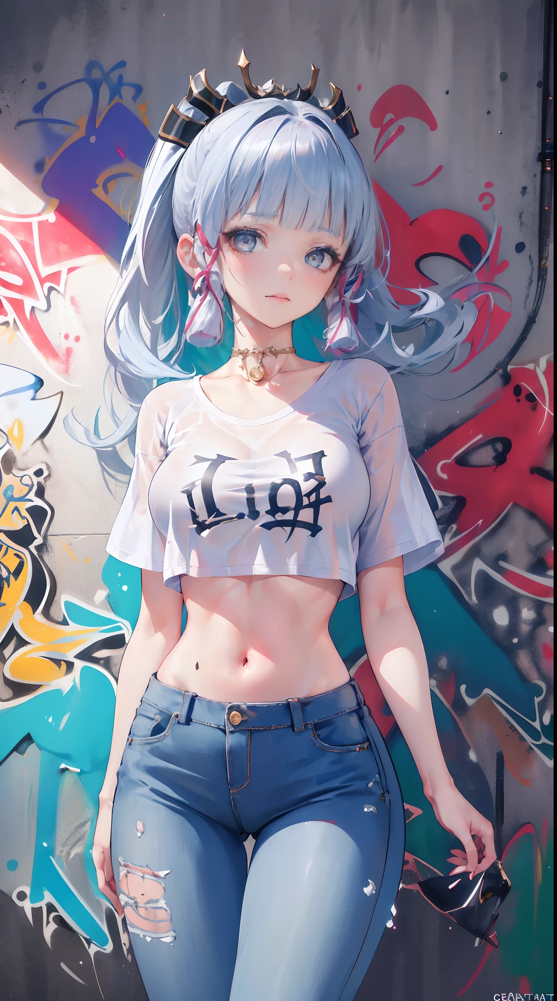 kamisato ayaka|genshin impact, master-piece, bestquality, 1girls,25 years old, proportional body, Big legs, Beautiful, proportional., crop top, Long Jeans, mediuml breasts, ,bara, crop top, choker, (Graffiti:1.5), Splash with purple lightning pattern., arm behind back, against wall, View viewers from the front., Thigh strap, Head tilt, bored,(NSTDA.:1.2), (10, beste-Qualit, master-piece: 1.4), Beautiful red hair, ultra-high resolution, (lifelike, photorealistic portrait: 1.48), (Looking Through Crop Tops.), Famous Japanese actors, beautiful clear eyes, Head tilt, cowboy shot, from the front, looking at the audience, expressionless, Beautiful lake, Zeiss 150mm F/ 2.8 Hasselblad, Whole body, foot, Ultra-Wide Angle,