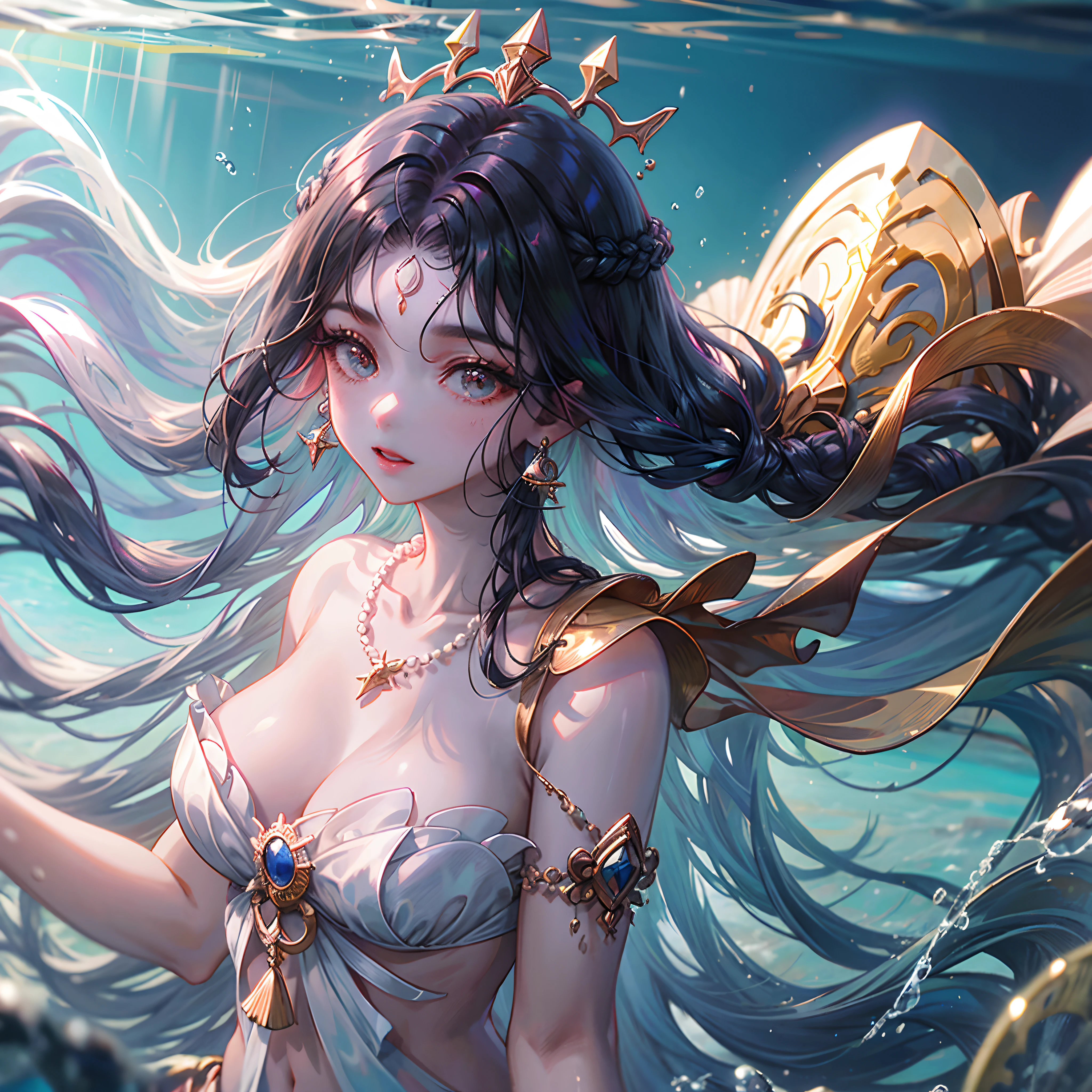 melhor qualidade, high resolution, (super detalhado), 1 girl, sozinho, maduro, sereia (extremely long and braided black hair), Head Accessories, brincos, pearls necklace, elegante, Holy, Colouring, Maior detalhe, underwater, Floating and messy hair in the sea, flor, back, sereia preta da cauda, humana do corpo superior, sereia bonita, sereia sedutora, sereia nadando de baixo do mar, mar brilhante, sereia maldoza, Sereia do mal, A mulher mais bonita, rosto perfeito, cintura fina, cauda de peixe, cauda da parte de baixo do corpo, mulher peixe