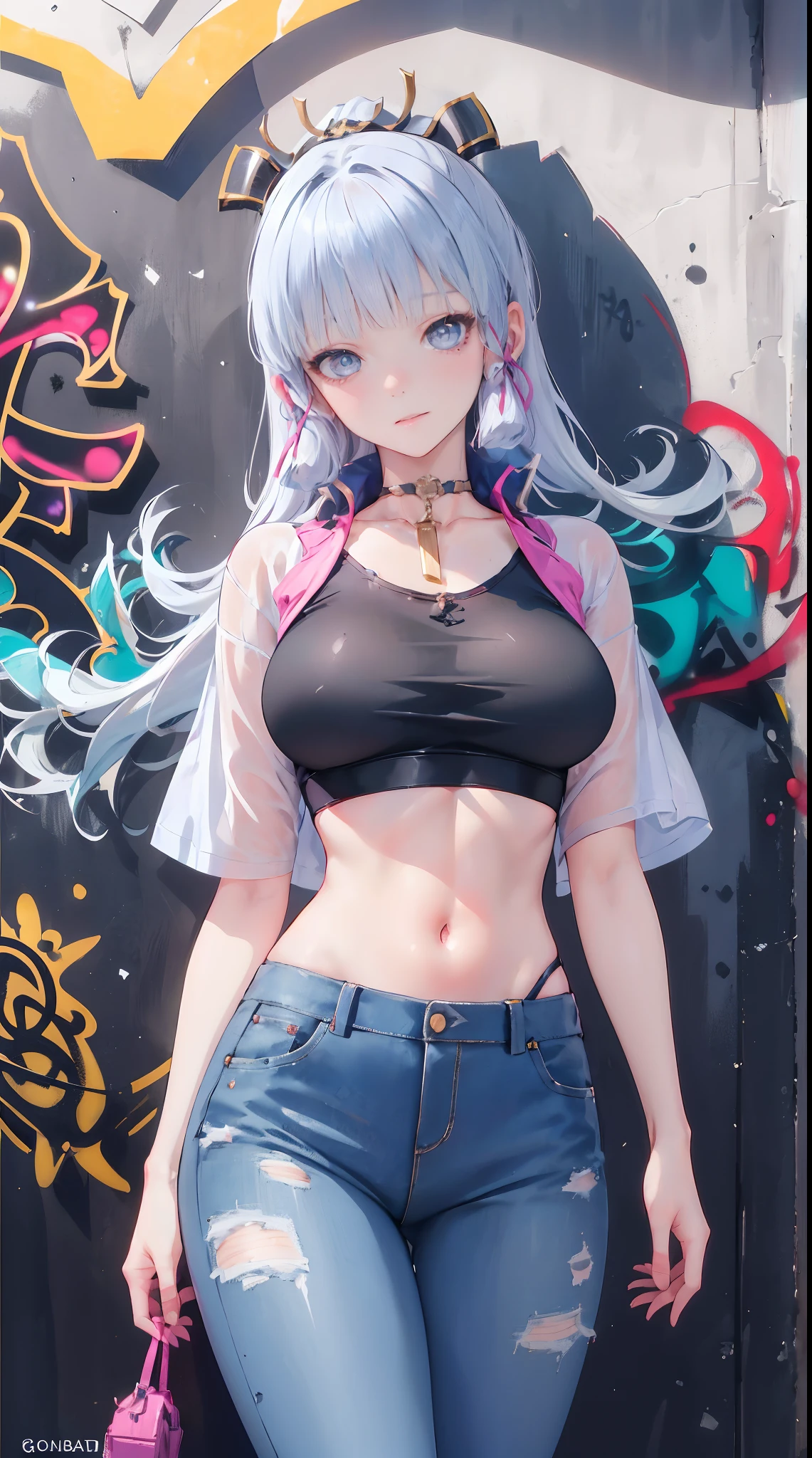 kamisato ayaka|genshin impact, master-piece, bestquality, 1girls,25 years old, proportional body, Big legs, Beautiful, proportional., crop top, Long Jeans, mediuml breasts, ,bara, crop top, choker, (Graffiti:1.5), Splash with purple lightning pattern., arm behind back, against wall, View viewers from the front., Thigh strap, Head tilt, bored,(NSTDA.:1.2), (10, beste-Qualit, master-piece: 1.4), Beautiful red hair, ultra-high resolution, (lifelike, photorealistic portrait: 1.48), (Looking Through Crop Tops.), Famous Japanese actors, beautiful clear eyes, Head tilt, cowboy shot, from the front, looking at the audience, expressionless, Beautiful lake, Zeiss 150mm F/ 2.8 Hasselblad, Whole body, foot, Ultra-Wide Angle,