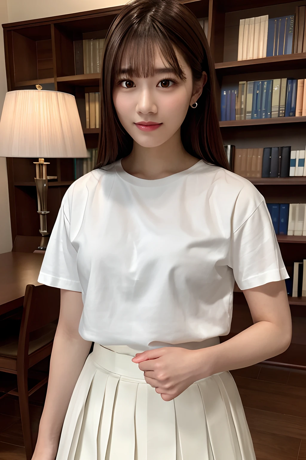 masterpiece, top-quality, 超A high resolution, (Photorealsitic:1.4), beautiful lighting, Raw photography, Super Detailed Face, Realistic lightning, beautiful a girl, Sweet girl, ((Wearing a white shirt and a long pleated skirt)), atlibrary, longshot, full of shyness, Hide your face behind a book, inside in room