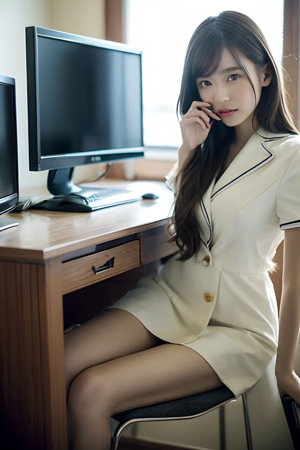 Woman sitting on chair in front of desk with computer, Sitting on a desk, sitting at the desk, sat at her desk, Office Clothes, Sitting at a desk, sitting behind desk, Korean Girl, sitting at a computer desk, sat in an office, Japanese Models, beautiful japanese female, Gorgeous young Japan woman, A Japanese Lady, Engaging pose
