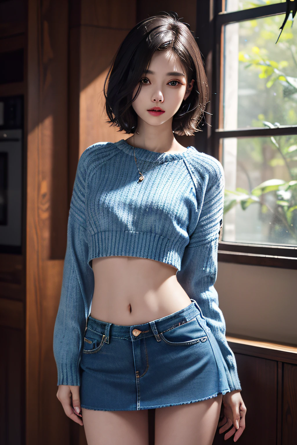 ((masuter piece:1.3)、(8K、Photorealsitic、Raw photography、top-quality: 1.4)、(1girl in)、Beautiful expression、(Lifelike face)、(A dark-haired、long)、 Beautiful hairstyle、realisticeyes、Beautiful details、（real looking skin）、Beautiful skins、absurderes、enticing、超A high resolution、A hyper-realistic、high-detail、the golden ratio、 ((wide open abdomen))、((open abdomen))、((wide open navel))、((open navel))、((Bare belly))、((Mid-Riff Sweater))、((Ultra-low rise、Denim Mini Skirt))、 ((Navel Ejection))、((small hips))、((long limbs))、((Full body depiction))、((small  hip))、(boots)、((Ultra-low rise))、((Denim Mini Skirt))、((is standing))、