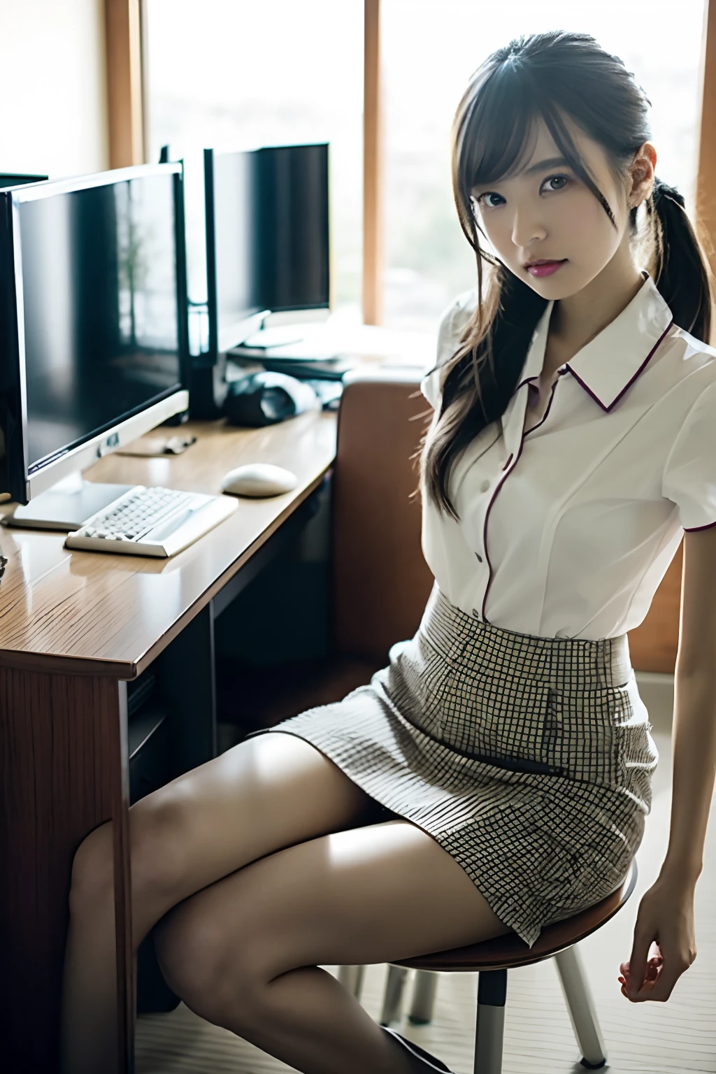 Woman sitting on chair in front of desk with computer, Sitting on a desk, sitting at the desk, sat at her desk, Office Clothes, Sitting at a desk, sitting behind desk, Korean Girl, sitting at a computer desk, sat in an office, Japanese Models, beautiful japanese female, Gorgeous young Japan woman, A Japanese Lady, Engaging pose