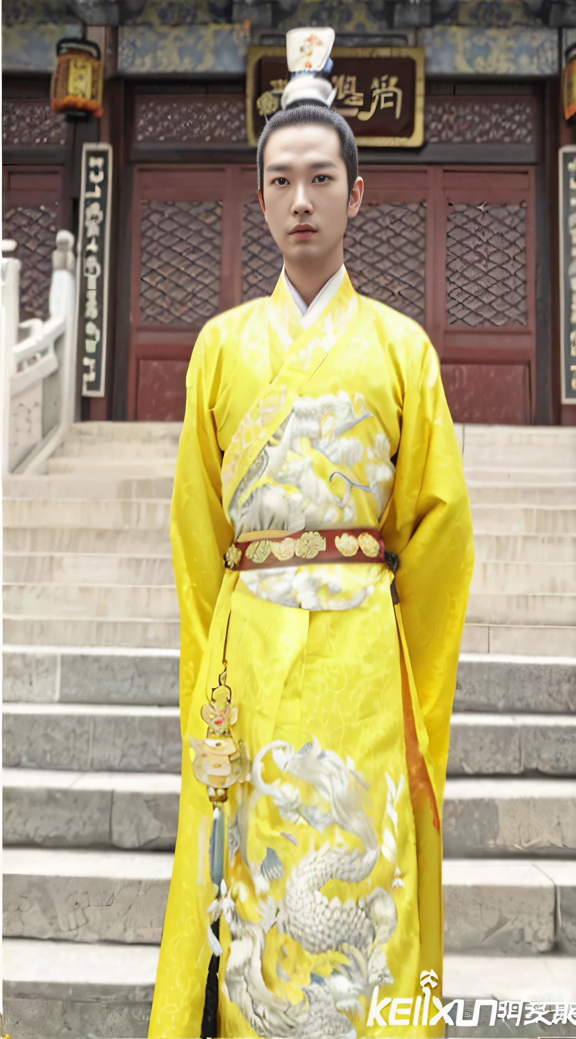 Close-up of a man in yellow hanbok standing on a step, Traditional Chinese clothing, Wearing ancient Chinese clothes, Yellow robe, yellow robes, robes with golden characters, Hanfu, king in yellow, with acient chinese clothes, imperial royal elegant clothing, wearing long royal robe, dragon-inspired cloth robes, with yellow cloths, taoist robe