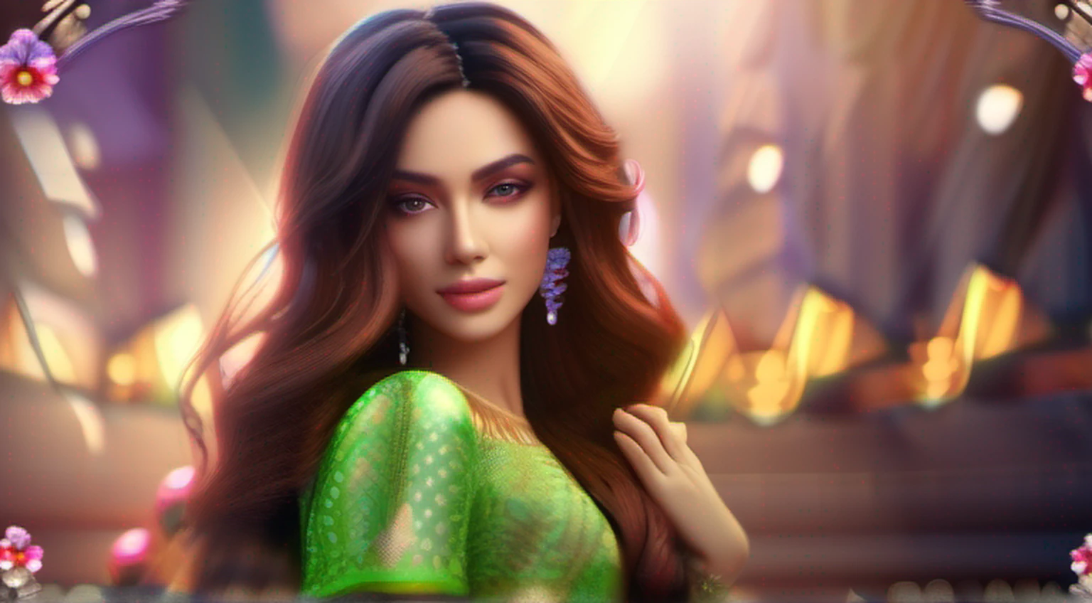 (Realistic),(master part:1.2), (melhor qualidade:1.2),Olhando para o Viewer,dramatic pose, Beautiful girl ,(Sabai verde),(jewelries:1.2),cabelos longos,(linekanok pattern:1.25) jardim de flores,luz de aro,