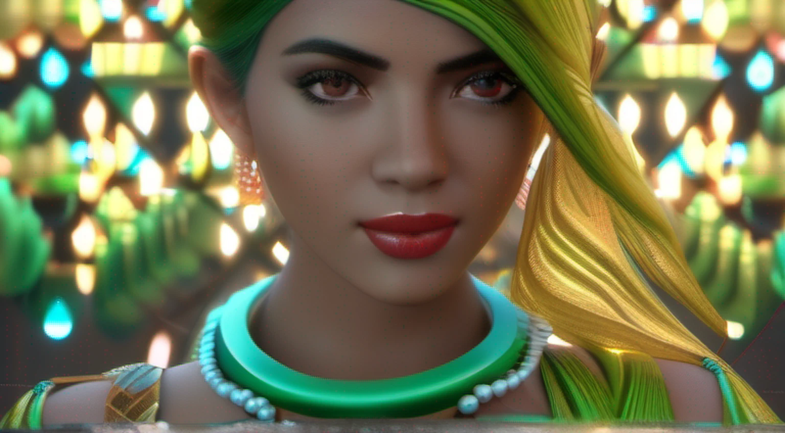 (Realistic),(master part:1.2), (melhor qualidade:1.2),Olhando para o Viewer,dramatic pose, Beautiful girl ,(Sabai verde),(jewelries:1.2),cabelos longos,(linekanok pattern:1.25) jardim de flores,luz de aro,
