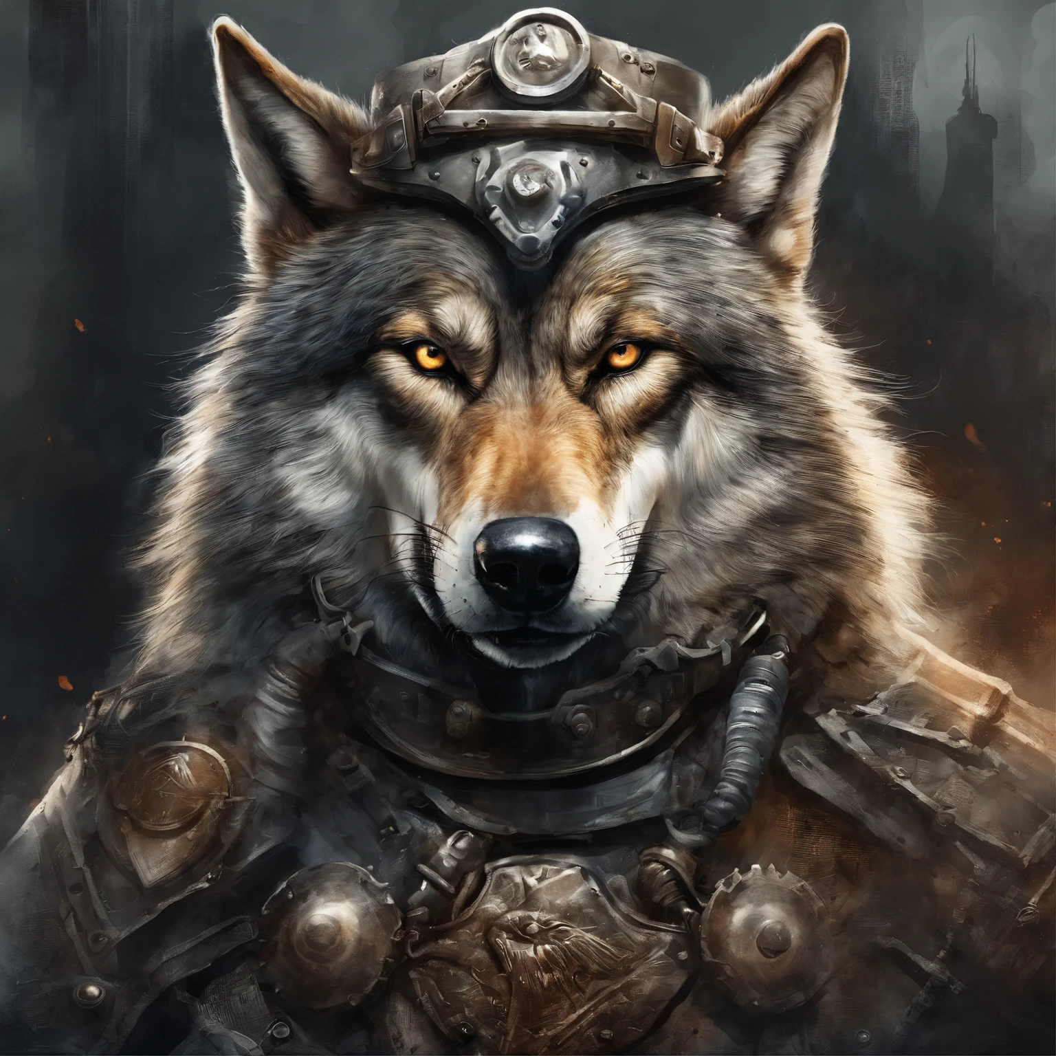 top-quality, Dramatic Lighting, menacing pose, fierce look, epic atmosphere, (((Helmet in the shape of a wolf's head))), (((Full body shot))),Wolves made of metal, cyborgs, Cyberpunk style, Clockwork, ((Intricate details)), nffsw, ((Intricate details, hyperdetails)), incandescent lamps, cinematic shot, Vignette, bokeh effect beckground, (dogy), (Full body shot).