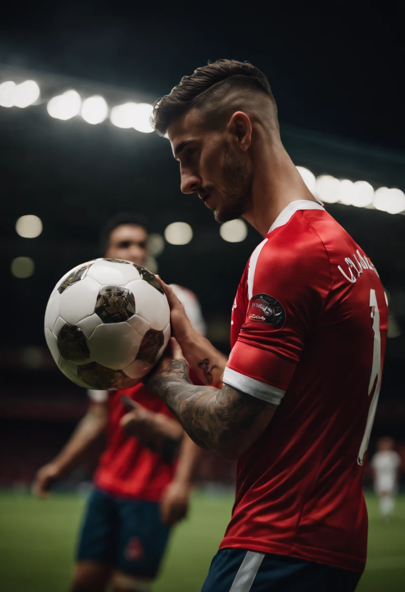 Homem Soccer Player in Arsenal, tatuagens, rosto totalmente diferente, moicano, cavanhaque