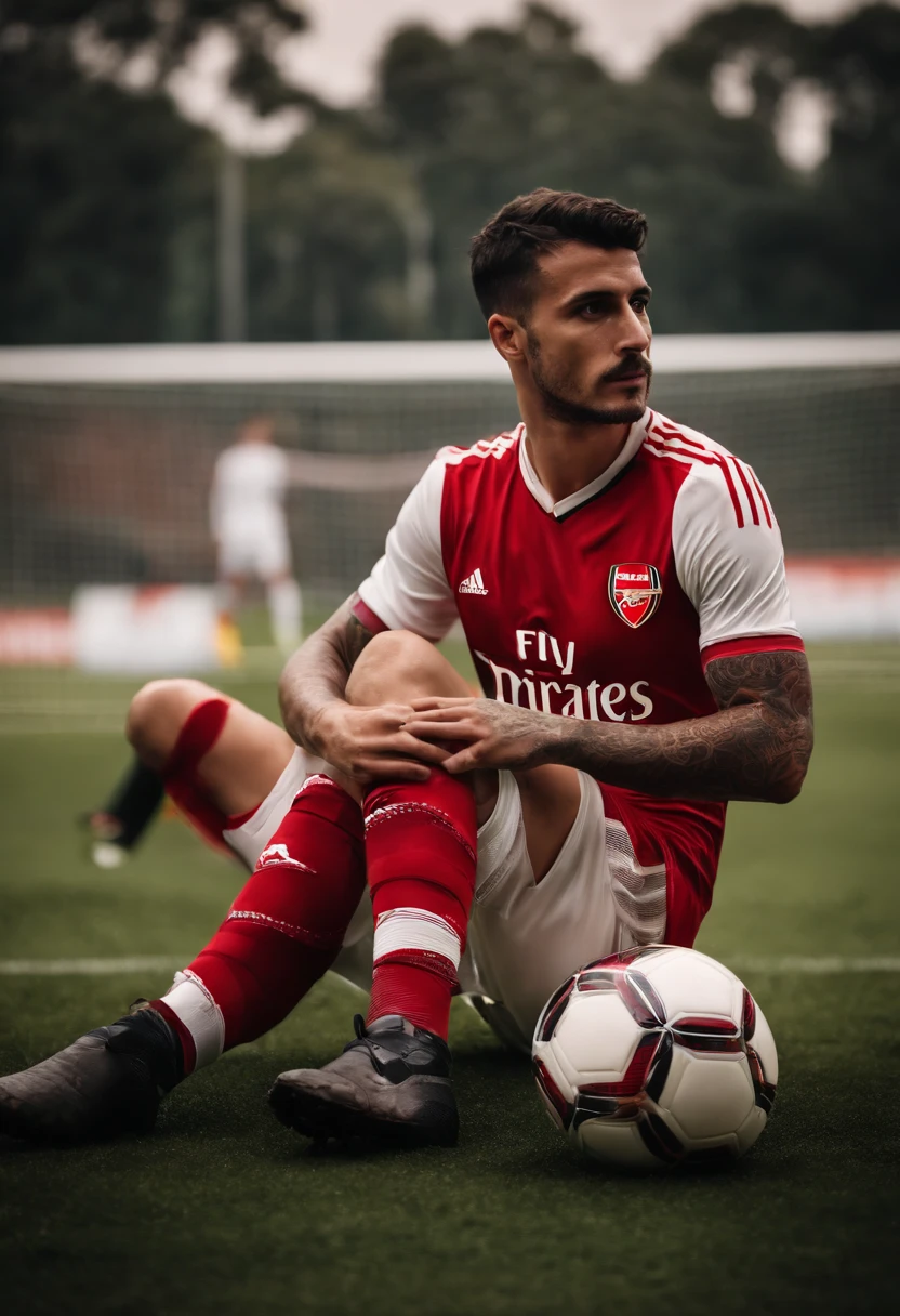 Homem Soccer Player in Arsenal, tatuagens, rosto totalmente diferente, moicano, cavanhaque