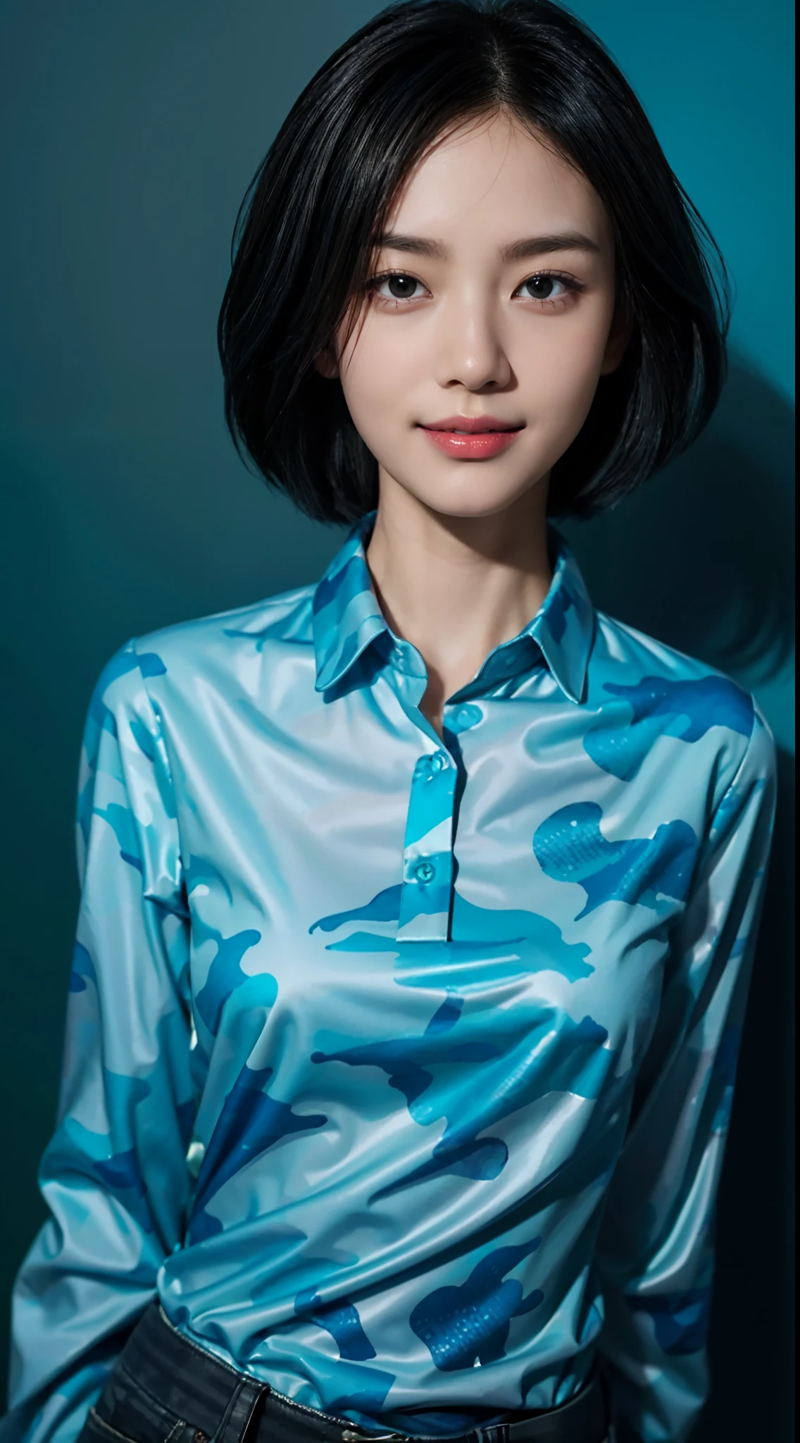 small head, (perfect bodies: 1.1), (short-length straight black short hair: 1.2), （极其细致的CG 8k壁纸），（Extremely refined and beautiful），（masterpiece），（best qualtiy：1.0），（超高分辨率：1.0），upper body，[A high resolution]，cheerfulness，Smile，Smooth and flawless fair skin，ultra - detailed,(Small breasts:1.1),Flat chest,Slim,thin,(long sleeved Blue camouflage collared shirt:1.4),White Tank Top,Teal background，from front，(Close shot:1.3),cowboy shot,(Portrait above the chest:1.3),nightfall