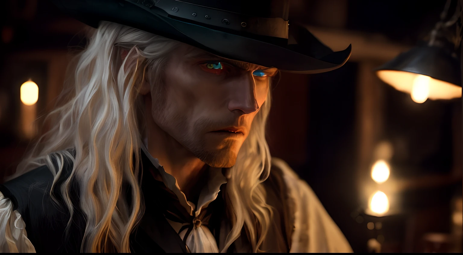 Strikingly handsome vampire cowboy, long white hair, pale skin, blue eyes, high interest in what he sees. cowboy clothes of 1880. Raw emotions, dangerous, bored, on edge, wanting excitement. cinematic image, 3D role playing art, dramatic lighting. Saloon at night.