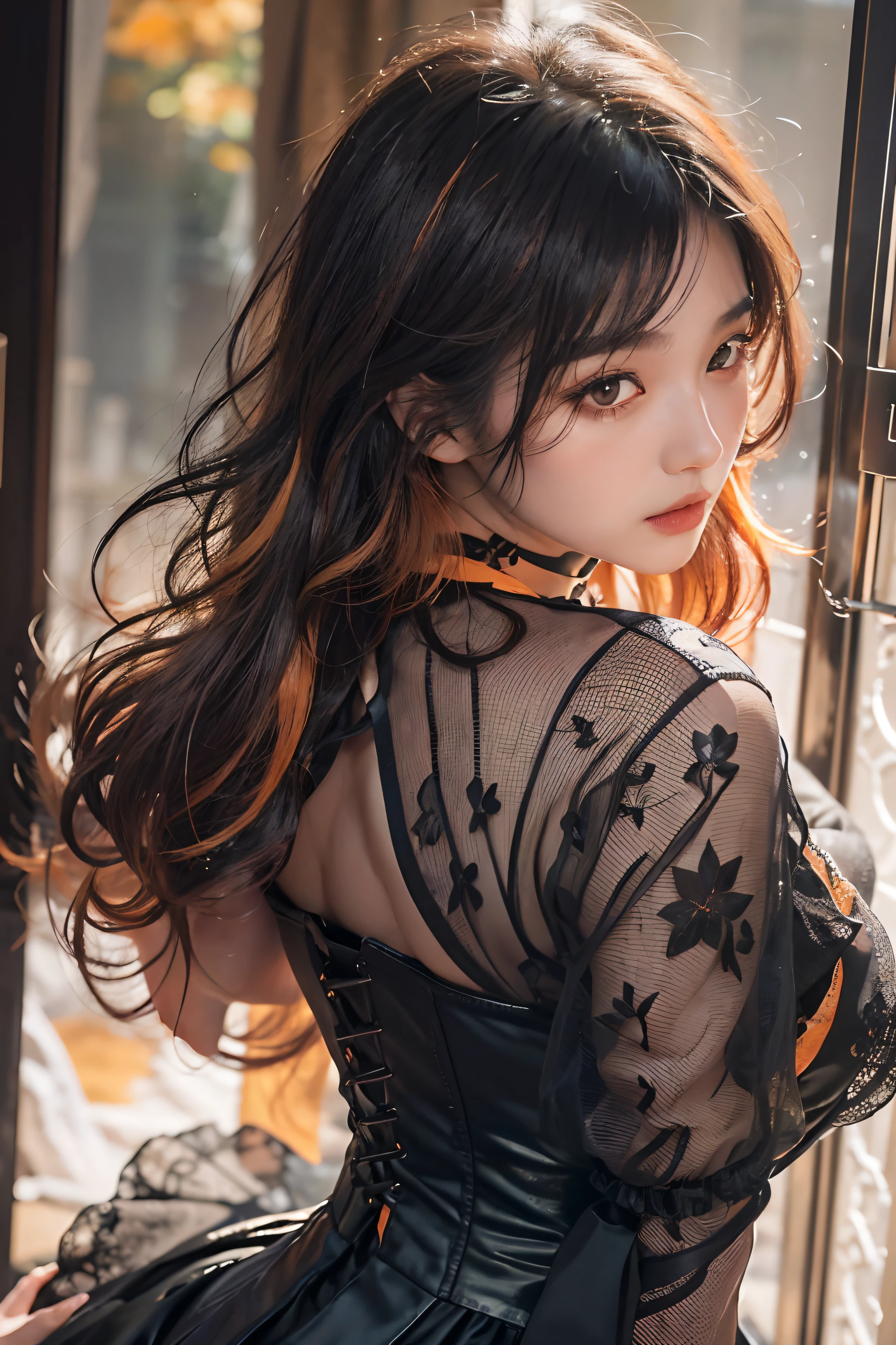 (upper Shot)、(from above)、1girl in、in her 20s、((Medium Hair))、(((Black hair, Orange dip dyed hair)))、((bangss))、(Photoreal Stick:1.2)、in 8K、(High quality shadows)、(A charming expression)、Detail Beautiful delicate face、Detail Beautiful delicate eyes、Cute K-pop Idol、(Korean Urzan Face)、pureerosface_v1、(looking at view)、gloweyes、perfectbody、((strong lights))、(a choker)、((Brown eyes))、((Beautiful Finger))、 Shiny hair、Description beautiful delicate hair、(Lustrous skin)、((Black see-through dress))、(corsets)、(long skirt)、 (early evening)、Background blur、灯光、huge window、Flowers in a vase、Sitting on a large sofa、