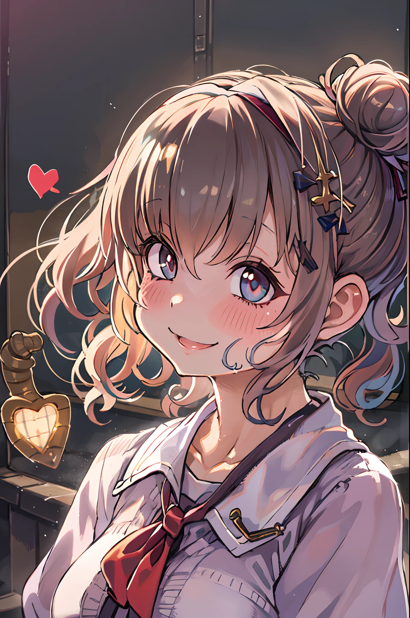Drill Hair, curtained hair, Hair bun, Big hair, Medium Hair, bow hairband, Heart-shaped pupil, Raised eyebrows, Smile, puckered lips, surrealism, renaissance, Anime, Anime style, Cinematic lighting, depth of fields, god rays, drop shadow, Fujicolor, One-person viewpoint, POV, wide angles, Anime style, surrealism, nffsw, retinas, masutepiece, ccurate, Textured skin, high details, hight resolution, 16 K