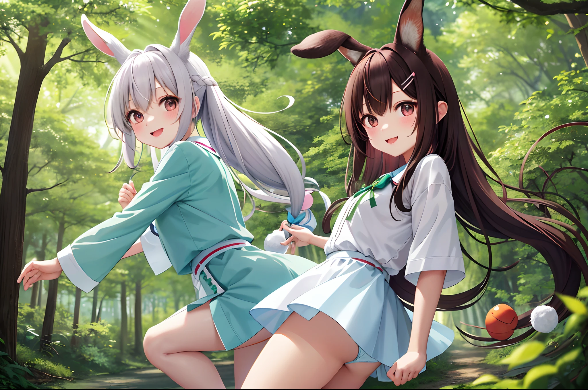 【Top image quality】Kawaii Girl　in woods　Forest Creatures　Usaki　dark circles　squirrel　There are also。Eared rabbit　bare-legged　Cute white costume　White panty　rabbitears　shortsleeves　Light blue long hair　Twin-tailed　A charming smile