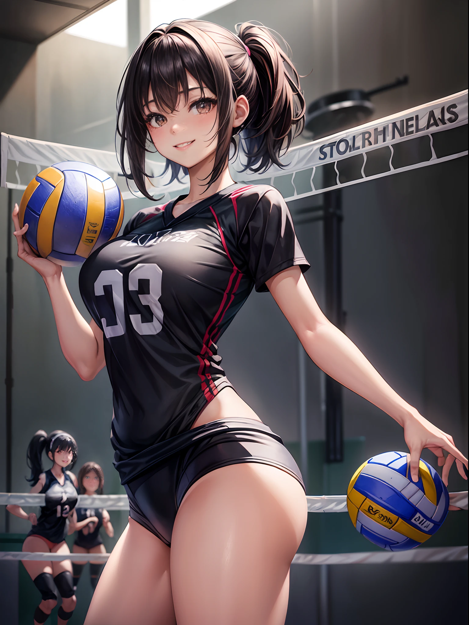 top-quality、Full limbs、complete fingers、one beautiful women、Beautiful Large Breasts、Medium hair、poneyTail、A dark-haired、(Black Volleyball Uniforms:1.3)、Black bloomers、Natural Color Lip、Bold sexy poses、Smile、20 years girl、Sexy shot looking at camera、Gymnasium、Volleyball Court、Hit the serve